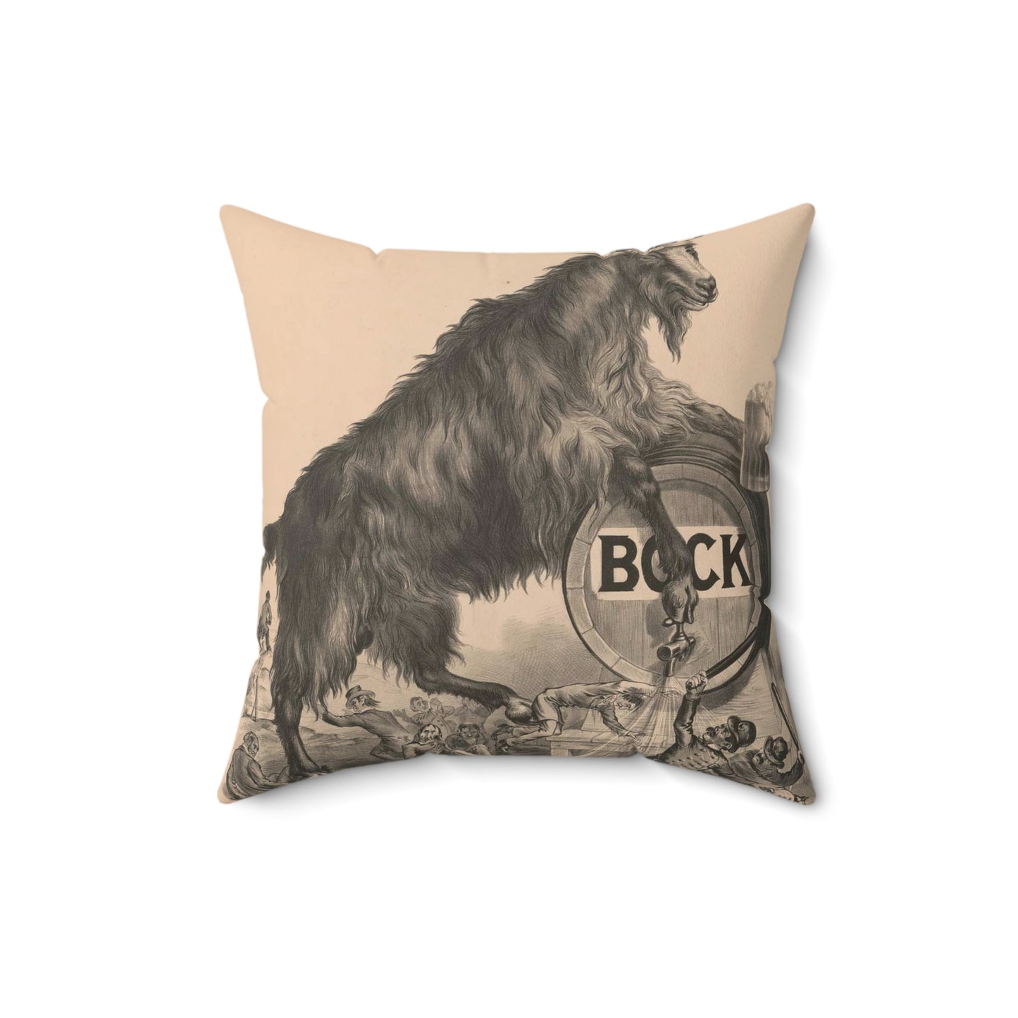 Giant bock goat resting on a keg, holding a mug of beer, men under the goat scrambling Decorative Accent Square Pillow