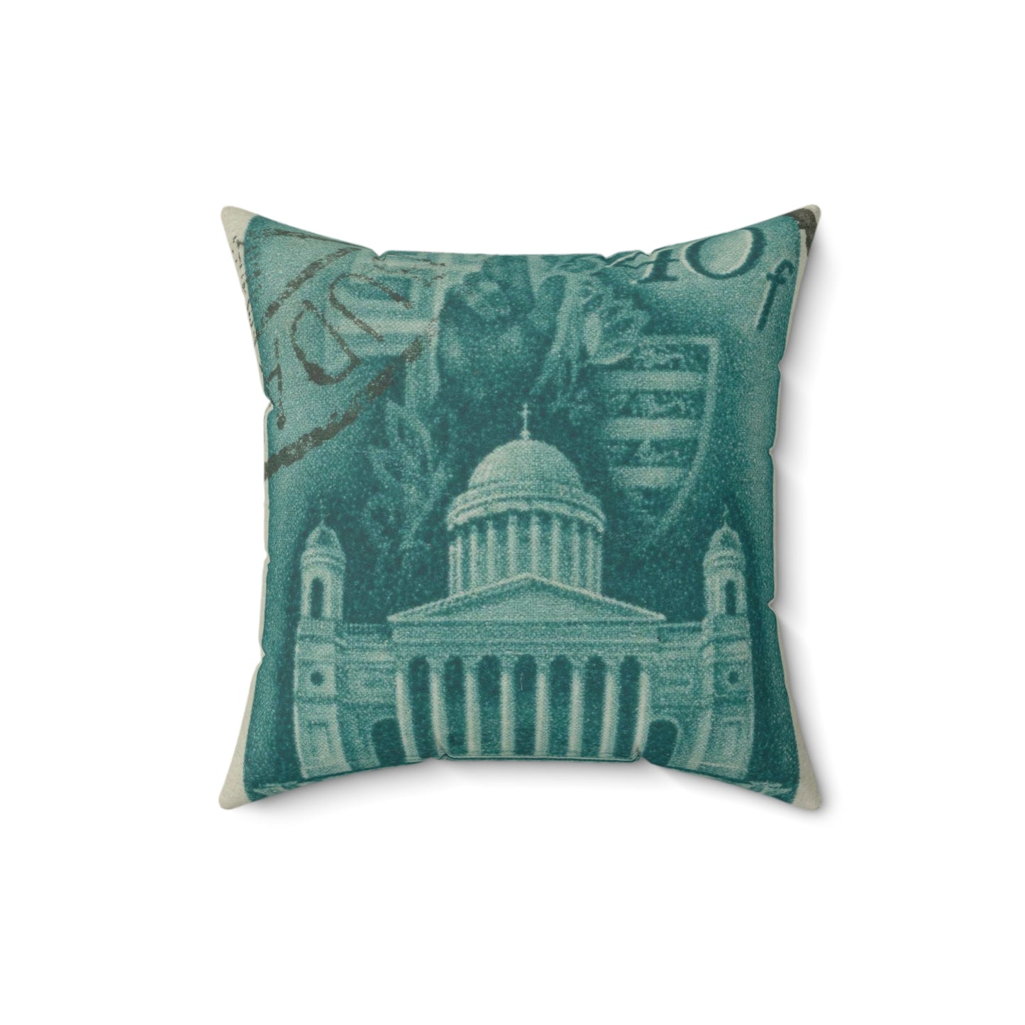 Frimärke ur Gösta Bodmans filatelistiska motivsamling, påbörjad 1950.Frimärke från Ungern, 1939. Motiv av Basilikan i Eszergom. Decorative Accent Square Pillow