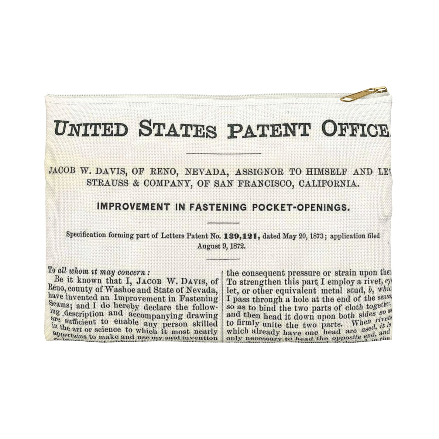 Patent Case File No. 139,121, Improvement in Fastening Pocket Openings, Inventor- Jacob W. Davis - DPLA - afb017b06366ded5b3d9735cb413b735 (page 29) Large Organizer Pouch with Black Zipper