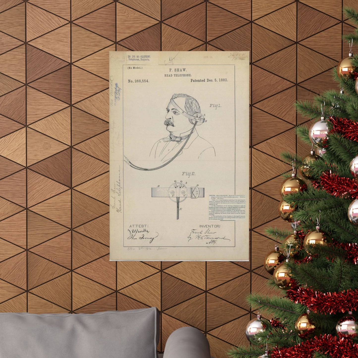 Patent drawing - for F. Shaw's Head Telephone Public domain image High Quality Matte Wall Art Poster for Home, Office, Classroom