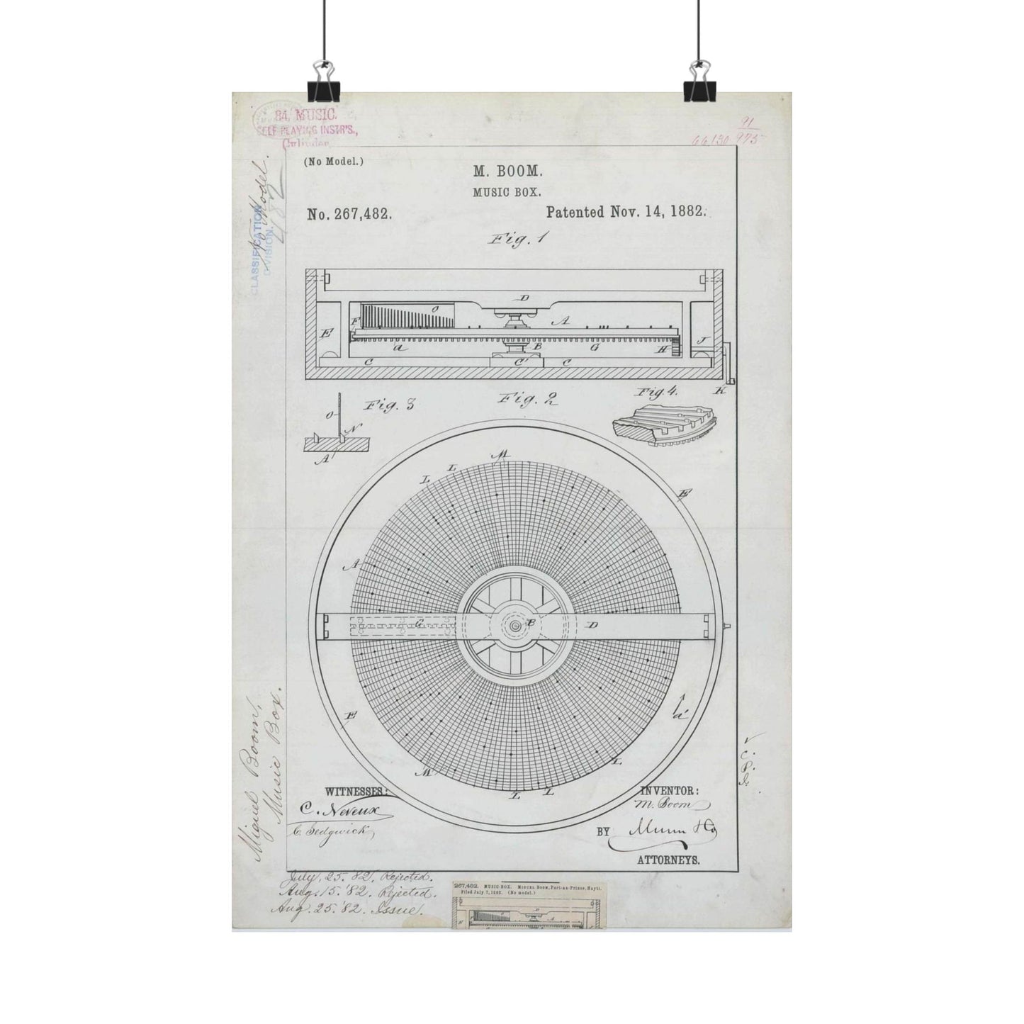 Patent Drawing of Engine - for M. Boom's Music Box Public domain image High Quality Matte Wall Art Poster for Home, Office, Classroom
