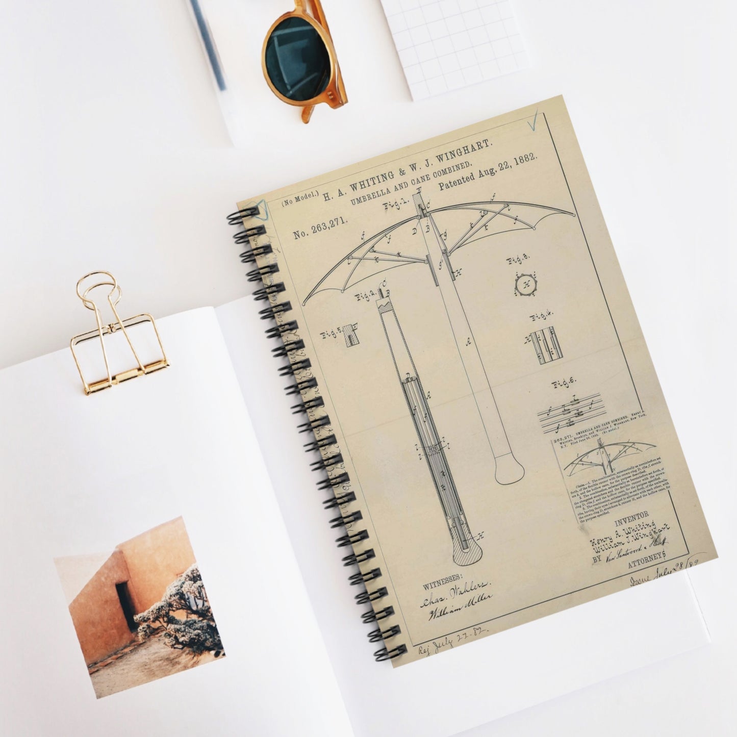 Patent drawing - for H. A. Whiting and W. J. Winghart's Umbrella and Cane Combined Public domain image Spiral Bound Ruled Notebook with Printed Cover