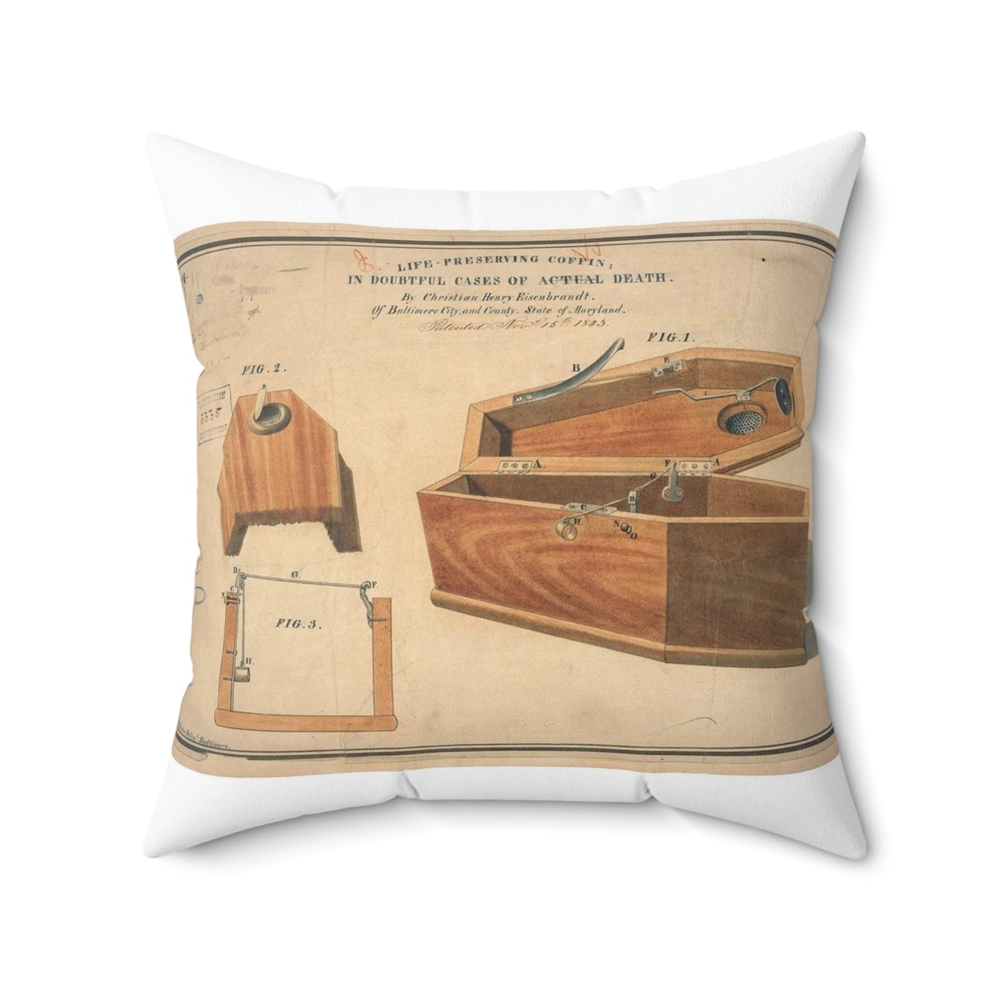 Patent drawing - Drawing for a Life - Preserving Coffin Public domain image Decorative Accent Square Pillow