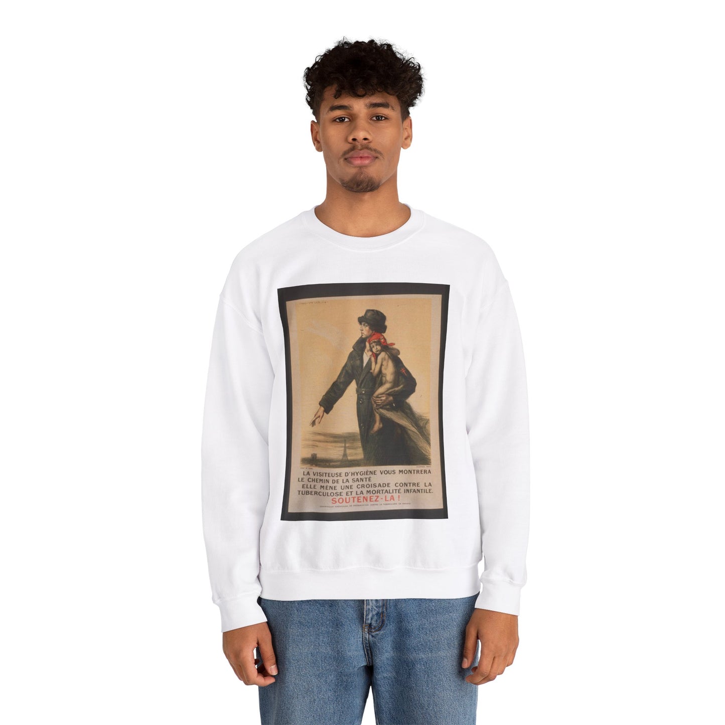 La visiteuse d'hygiéne vous montrera le chemin de la santé. Elle mène une croisade contre la tuberculose et la mortalité infantile. Soutenez-la! White Heavy Blend Adult Crew Neck SweatShirt