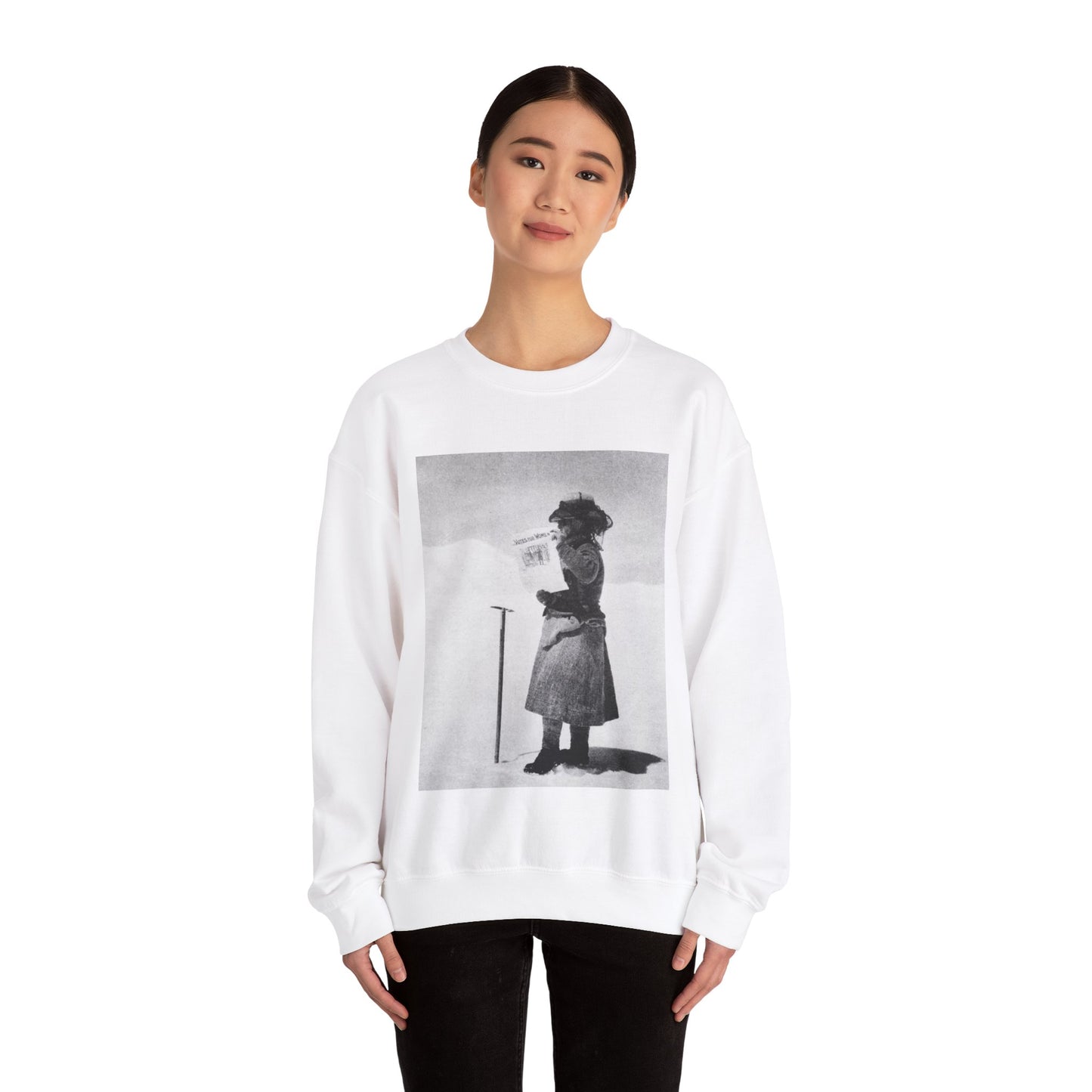 FannyBullockWorkmanVotesWomen - A woman standing in the snow holding a sign White Heavy Blend Adult Crew Neck SweatShirt