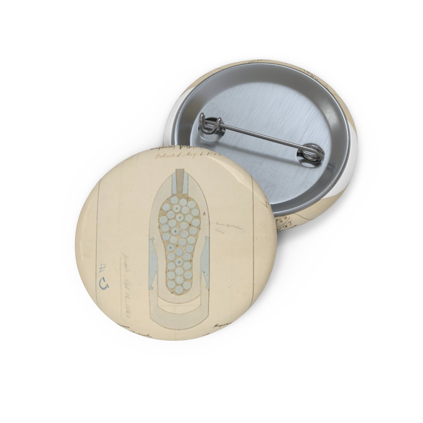 Patent drawing - Drawing of Improvements in Explosive Projectiles Public domain image Pin Buttons with Crisp Design