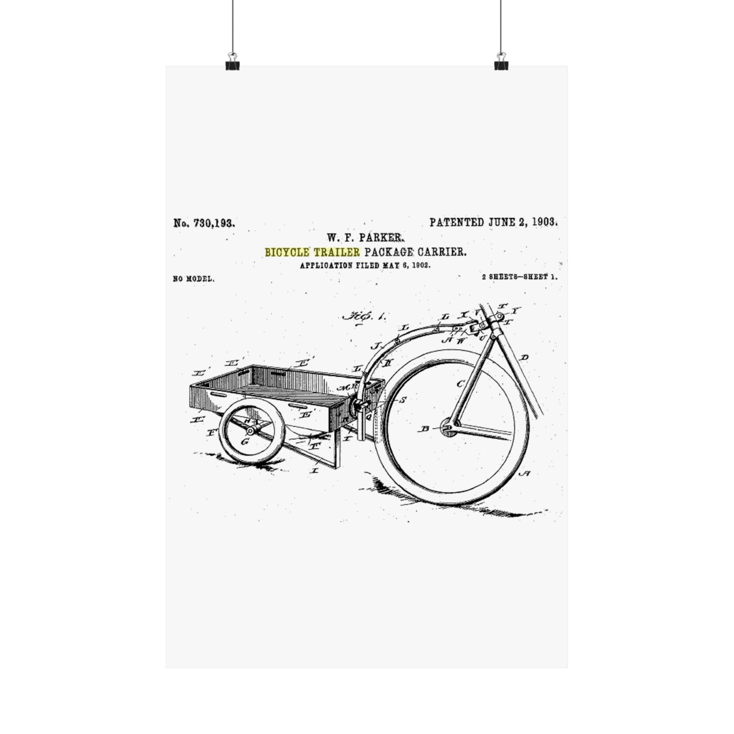 Patent Drawing of Engine - Bicycle Trailer Patent (1903) Public domain image High Quality Matte Wall Art Poster for Home, Office, Classroom