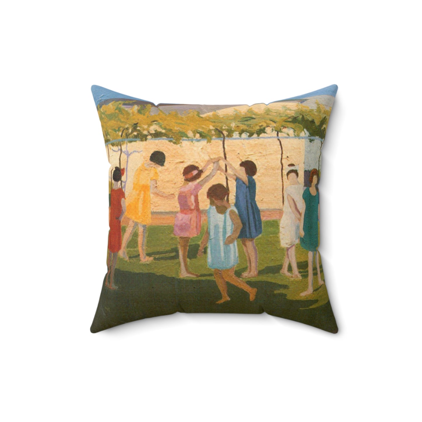 Petrona Viera - A painting of a group of children playing with a kite Decorative Accent Square Pillow