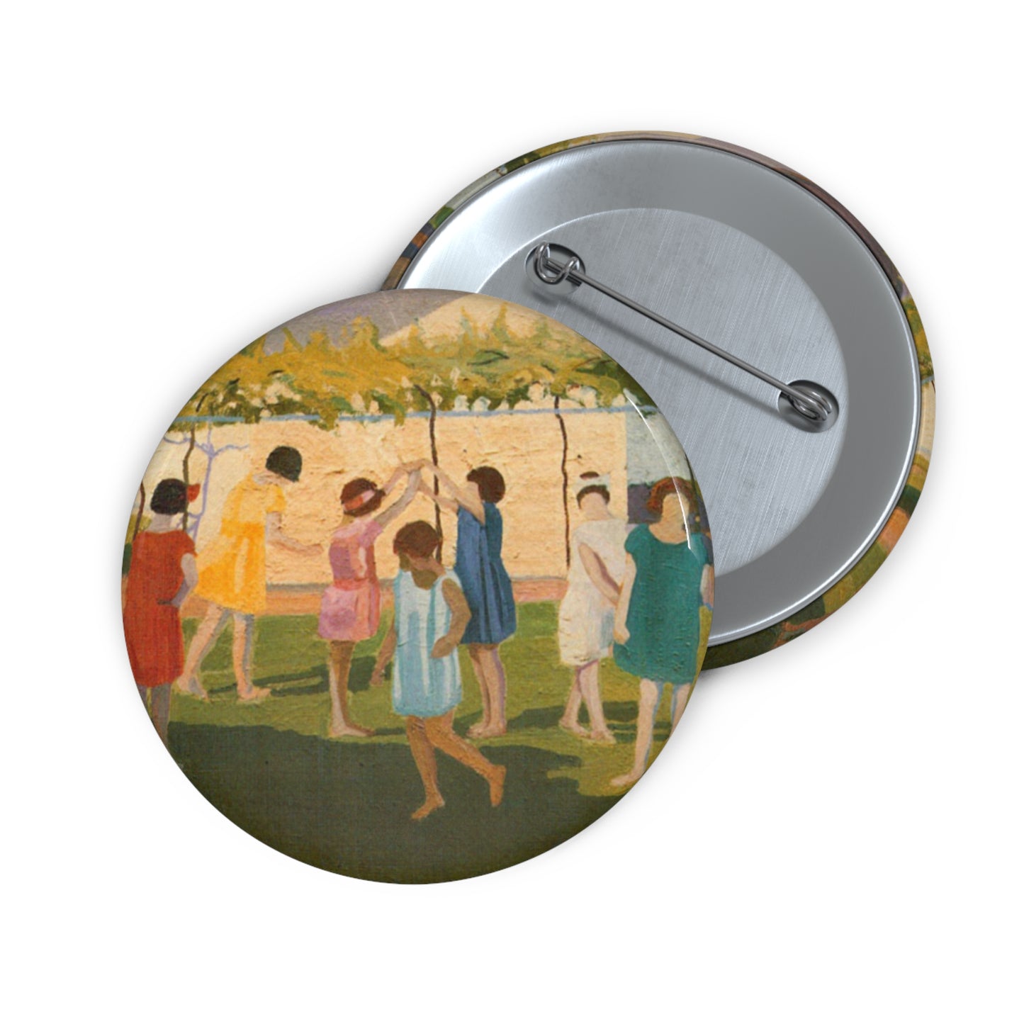 Petrona Viera - A painting of a group of children playing with a kite Pin Buttons with Crisp Design
