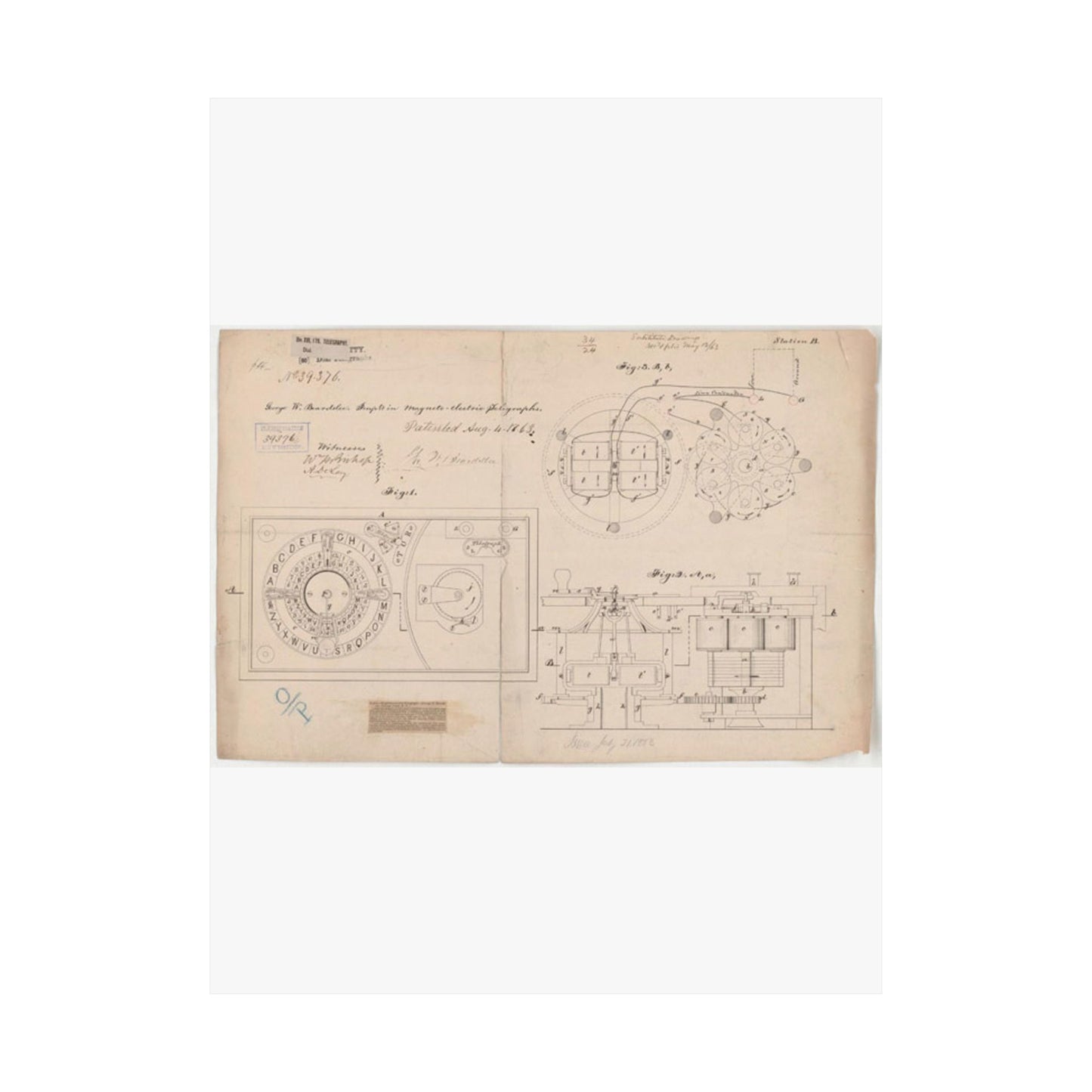 Patent drawing - Drawing of Improvements in Magneto-electric Telegraphs Public domain image High Quality Matte Wall Art Poster for Home, Office, Classroom
