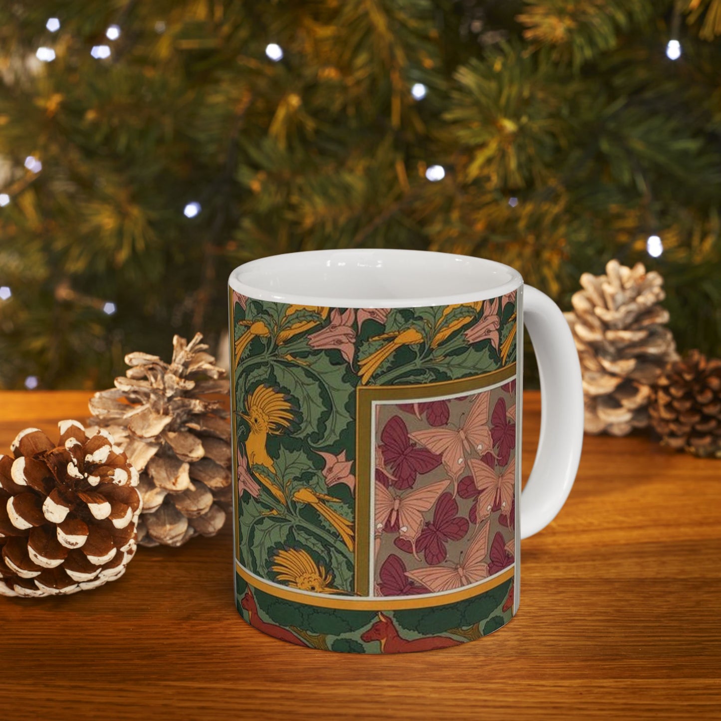 Huppes et stramoine, bordure. Papillons, étoffe de soie. Kangourou et arbres, bordure. Beautiful Novelty Ceramic Coffee Mug 11oz