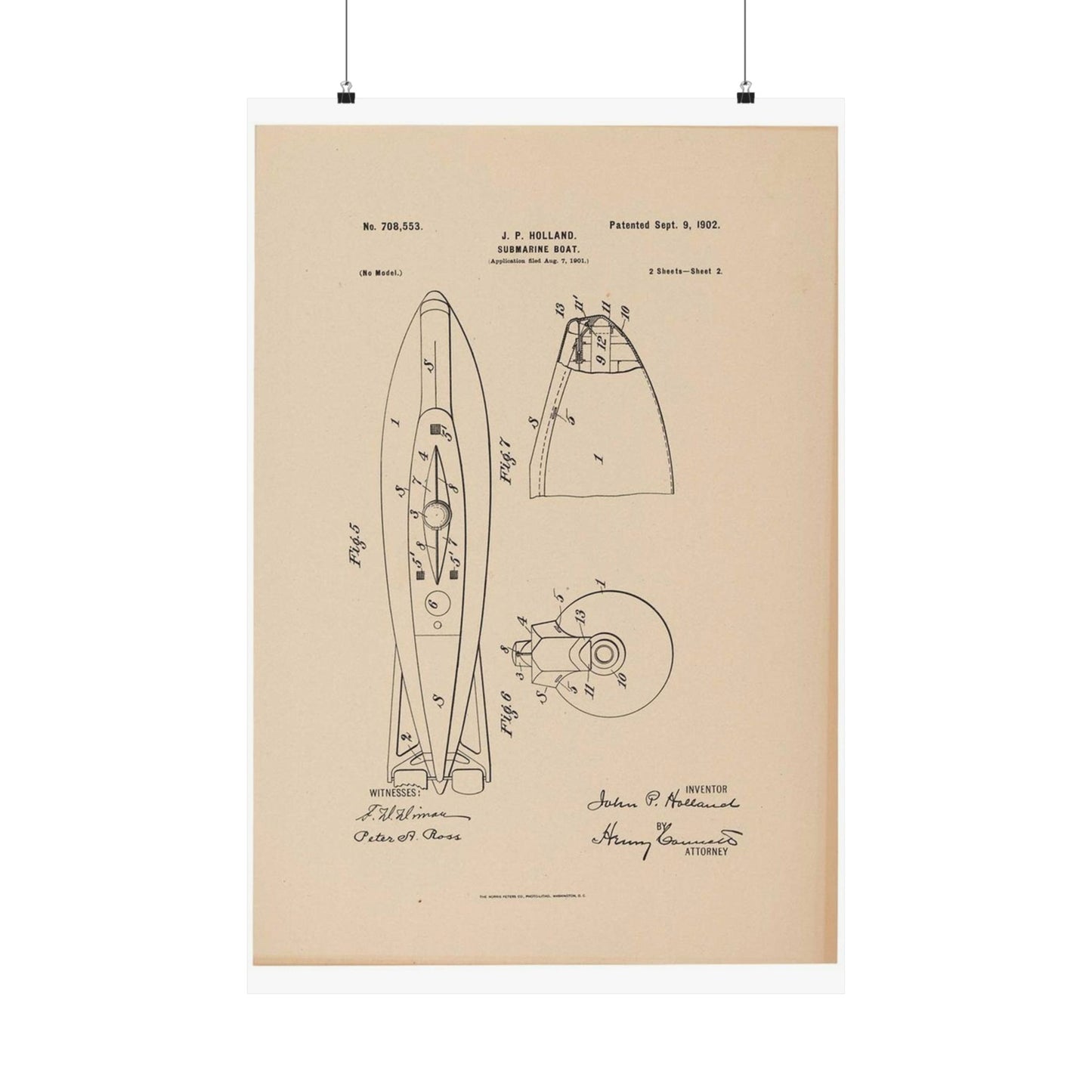 Patent drawing - Drawing for a Submarine Boat Public domain image High Quality Matte Wall Art Poster for Home, Office, Classroom