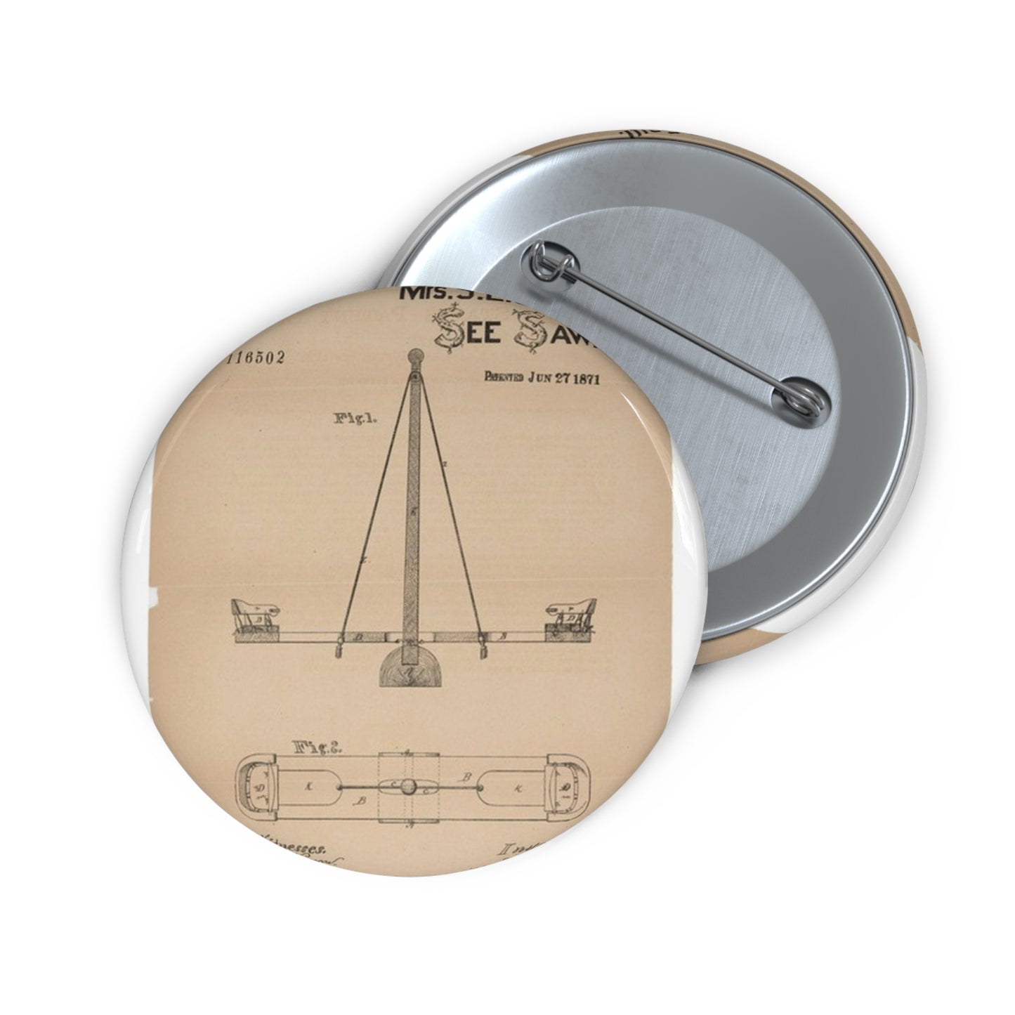 Patent drawing - for a See Saw Public domain image Pin Buttons with Crisp Design