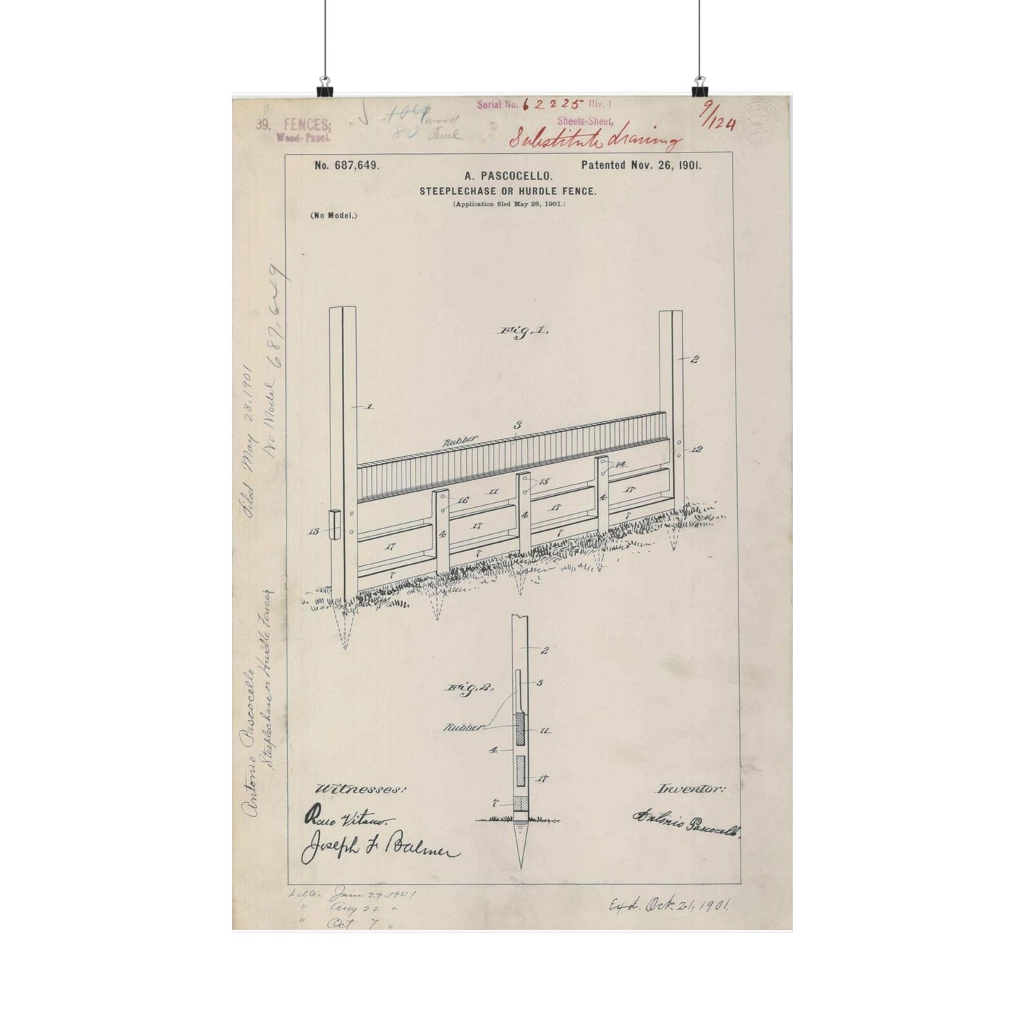 Patent Drawing of Engine - for A. Pascocello' Steeplechase or Hurdle Fence Public domain image High Quality Matte Wall Art Poster for Home, Office, Classroom
