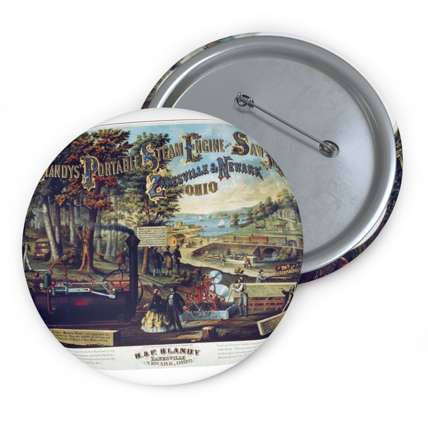 Blandy's portable steam engine and saw mills, Zanesville & Newark Ohio Pin Buttons with Crisp Design