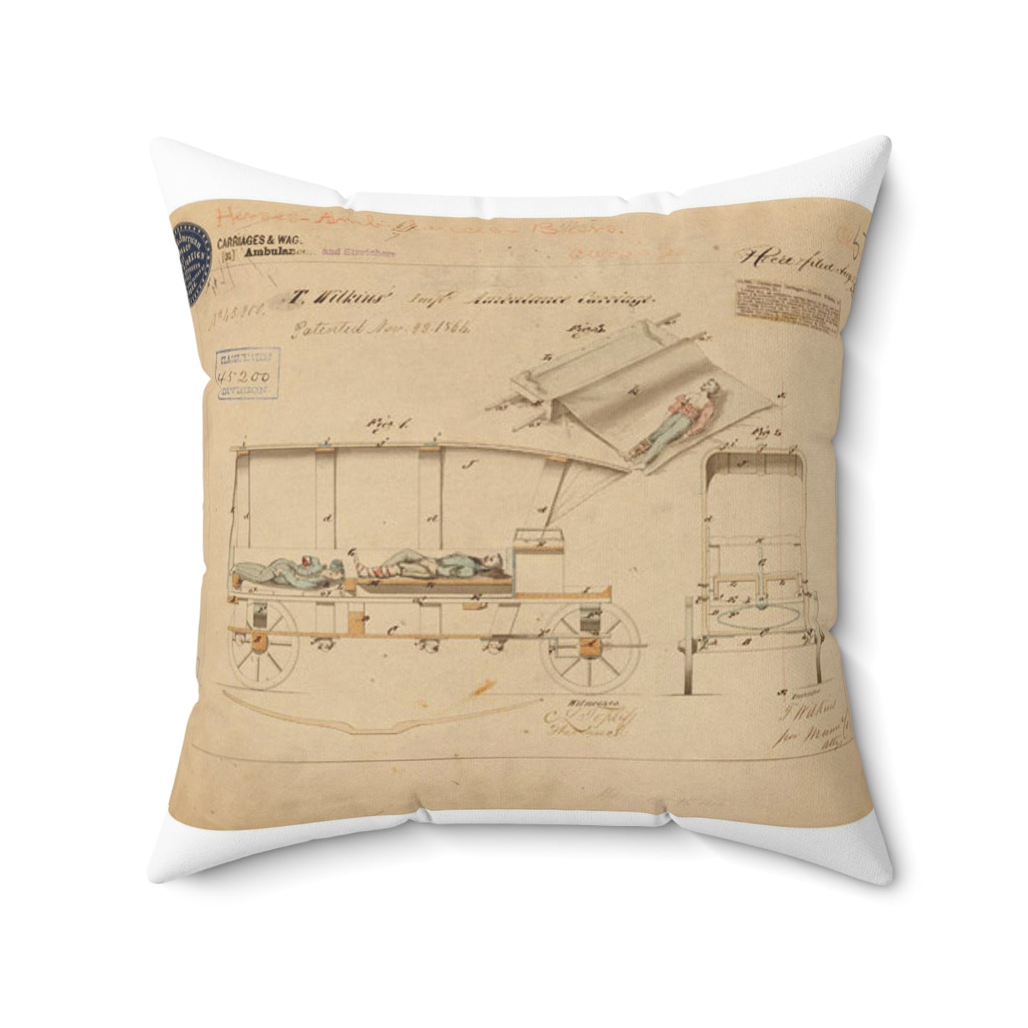 Patent drawing - Drawing of Improved Ambulance Carriage Public domain image Decorative Accent Square Pillow
