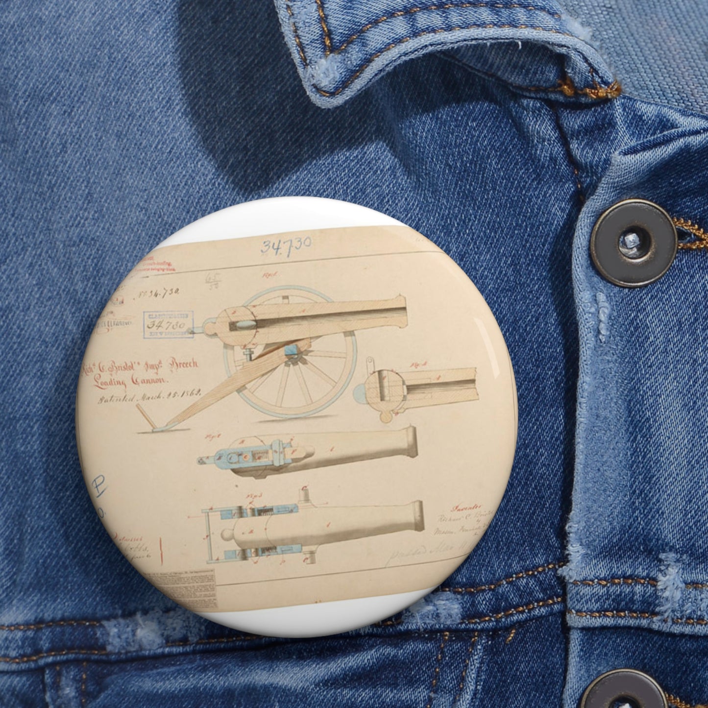 Patent drawing - Drawing of Improved Breech Loading Cannon Public domain image Pin Buttons with Crisp Design