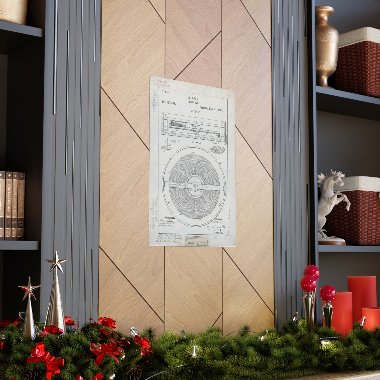 Patent Drawing of Engine - for M. Boom's Music Box Public domain image High Quality Matte Wall Art Poster for Home, Office, Classroom