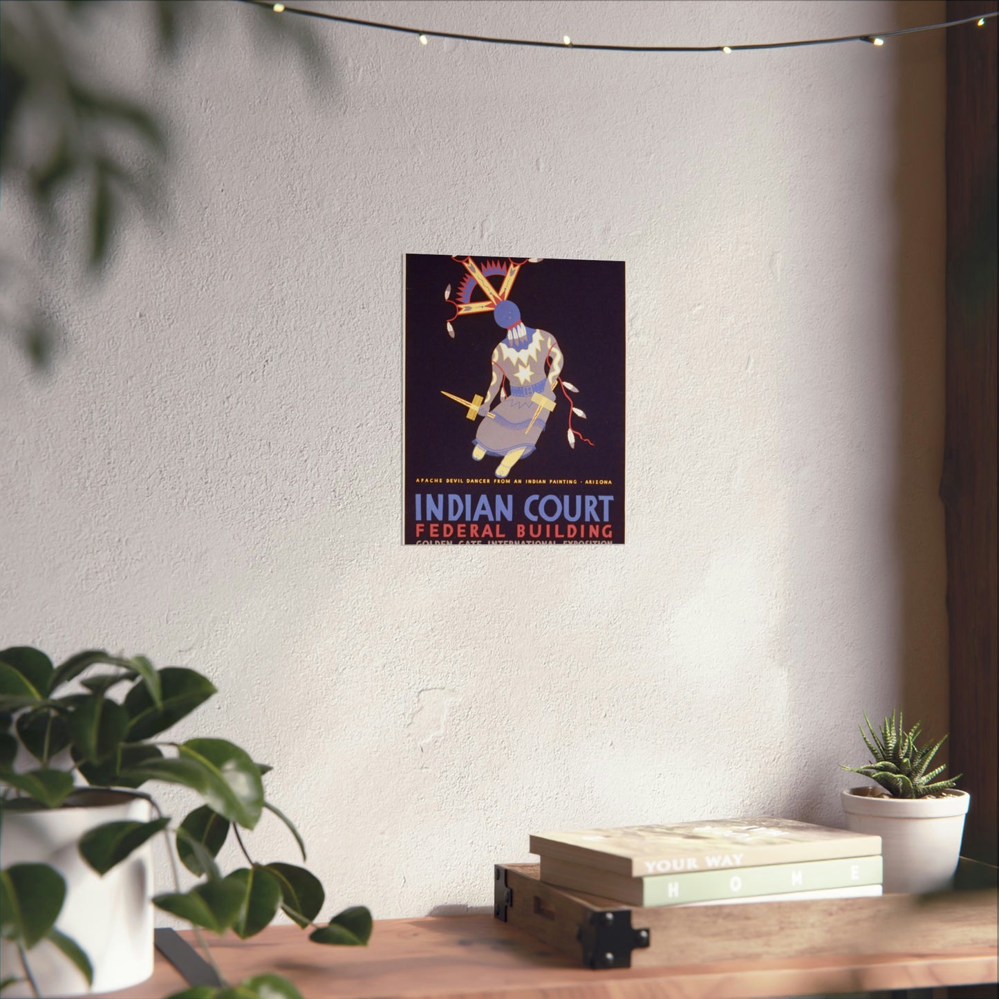 Indian court, Federal Building, Golden Gate International Exposition, San Francisco, 1939 Apache devil dancer from an Indian painting, Arizona / / Siegriest. High Quality Matte Wall Art Poster for Home, Office, Classroom