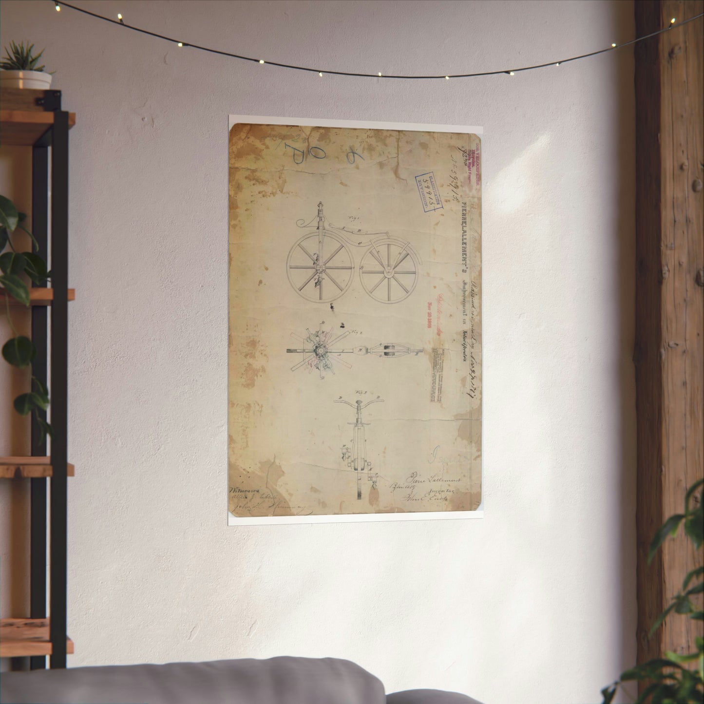 Patent drawing - for Pierre Lallement's Improvement in Velocipedes Public domain image High Quality Matte Wall Art Poster for Home, Office, Classroom