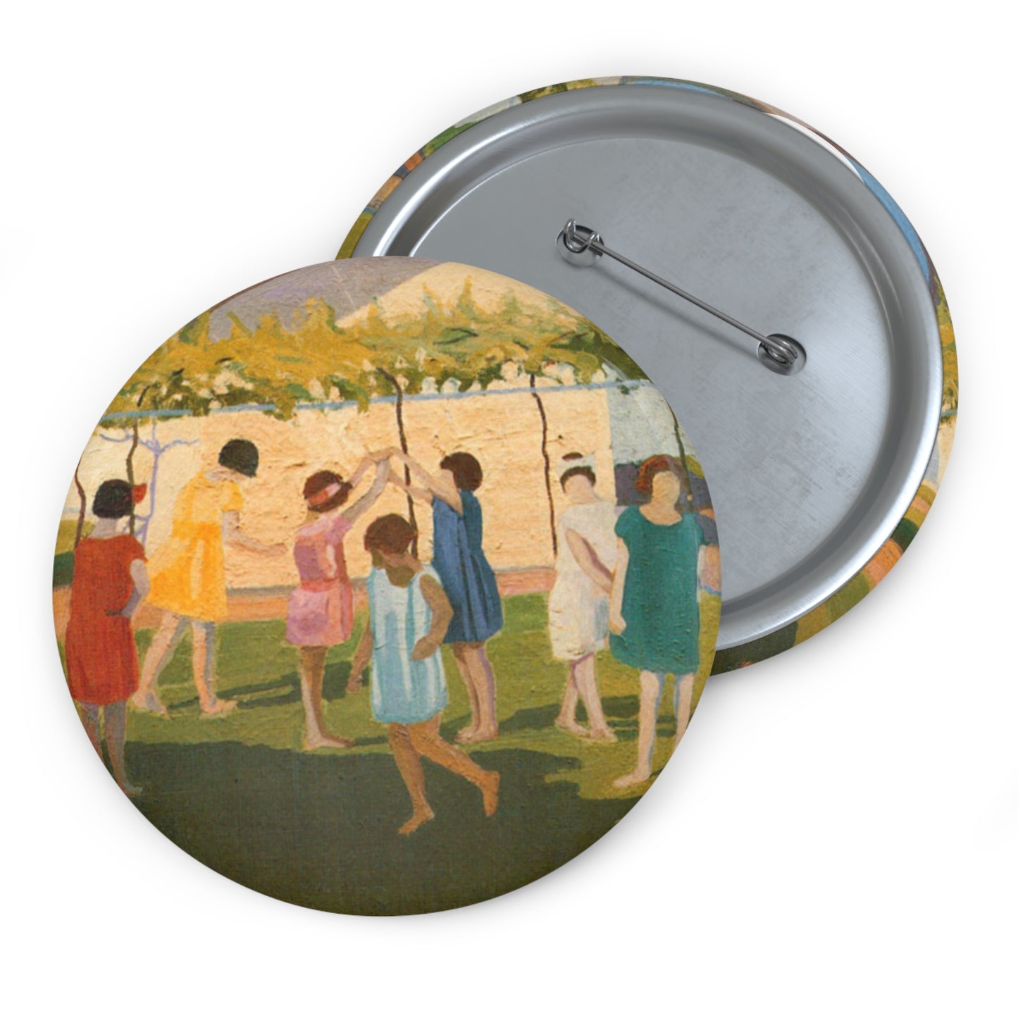 Petrona Viera - A painting of a group of children playing with a kite Pin Buttons with Crisp Design