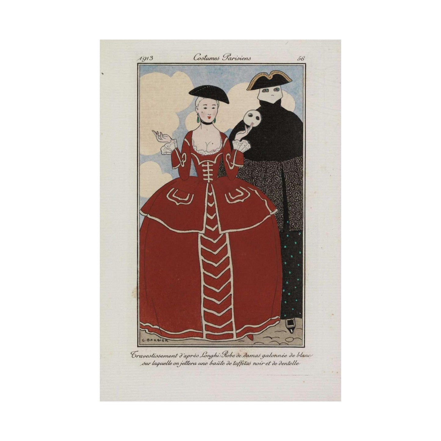 Fancy dress (Travestissement d'aprés Longhi - Robe de damas galonnée de blanc sur laquelle on jettera une baiite de taffetas noir et de dentelle) (CBL WEp 0847) High Quality Matte Wall Art Poster for Home, Office, Classroom