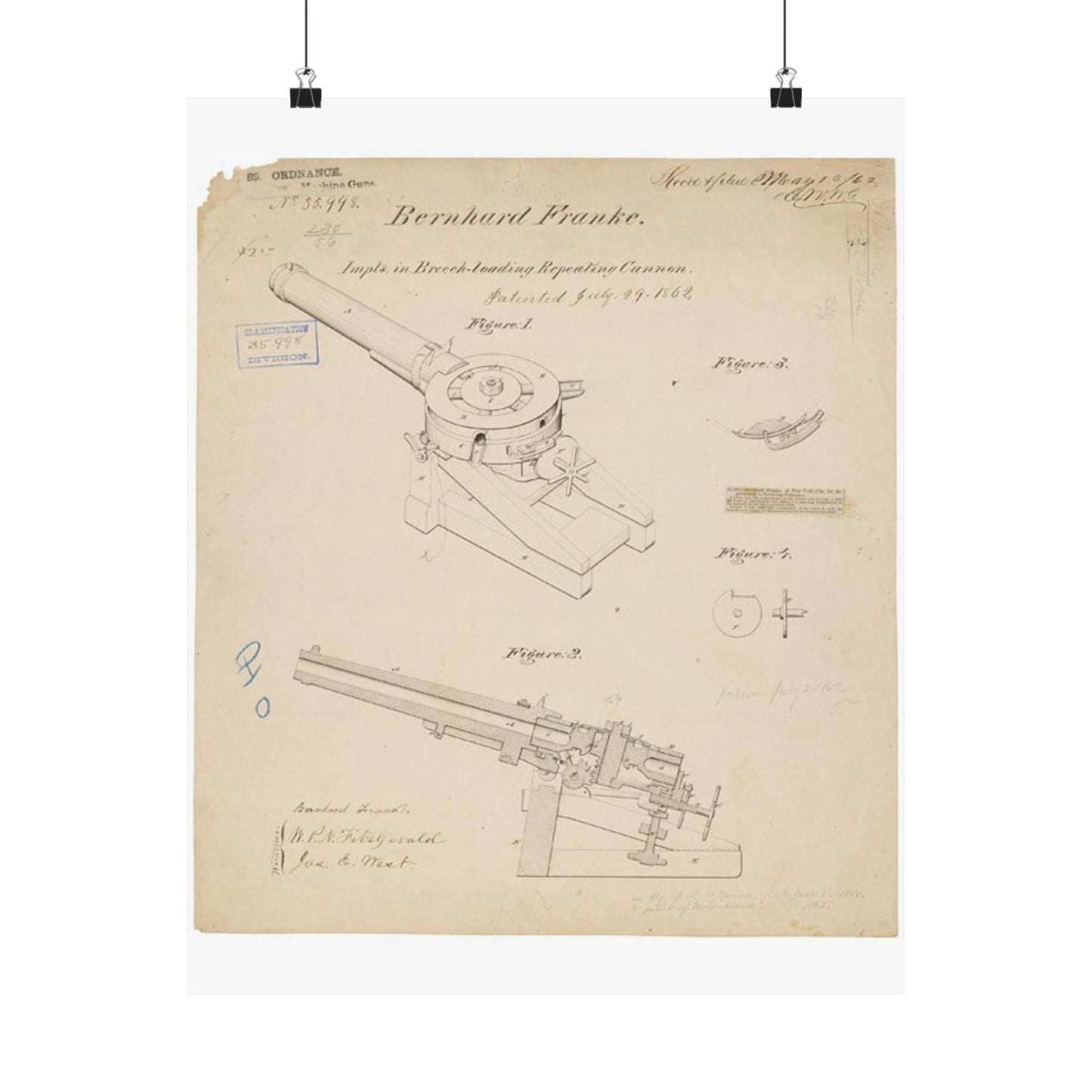 Patent drawing - Drawing of Improvements in Breech-Loading Repeating Cannon Public domain image High Quality Matte Wall Art Poster for Home, Office, Classroom