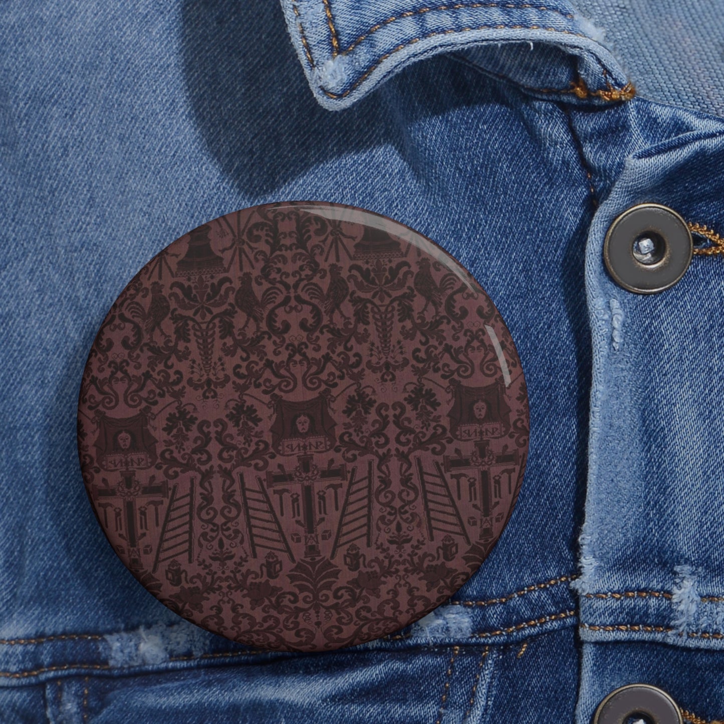 Length of velvet with Instruments of the Passion Pin Buttons with Crisp Design