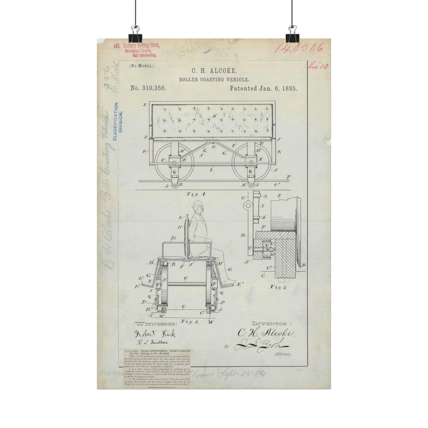 Patent Drawing of Engine - for C. H. Alcoke's Roller Coasting Vehicle Public domain image High Quality Matte Wall Art Poster for Home, Office, Classroom