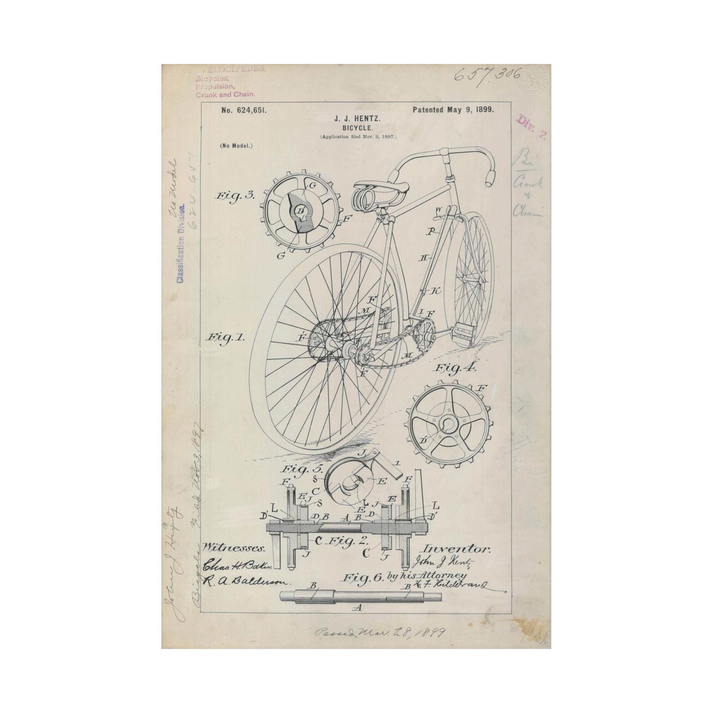 Patent drawing - for J. J. Hentz' Bicycle Public domain image High Quality Matte Wall Art Poster for Home, Office, Classroom