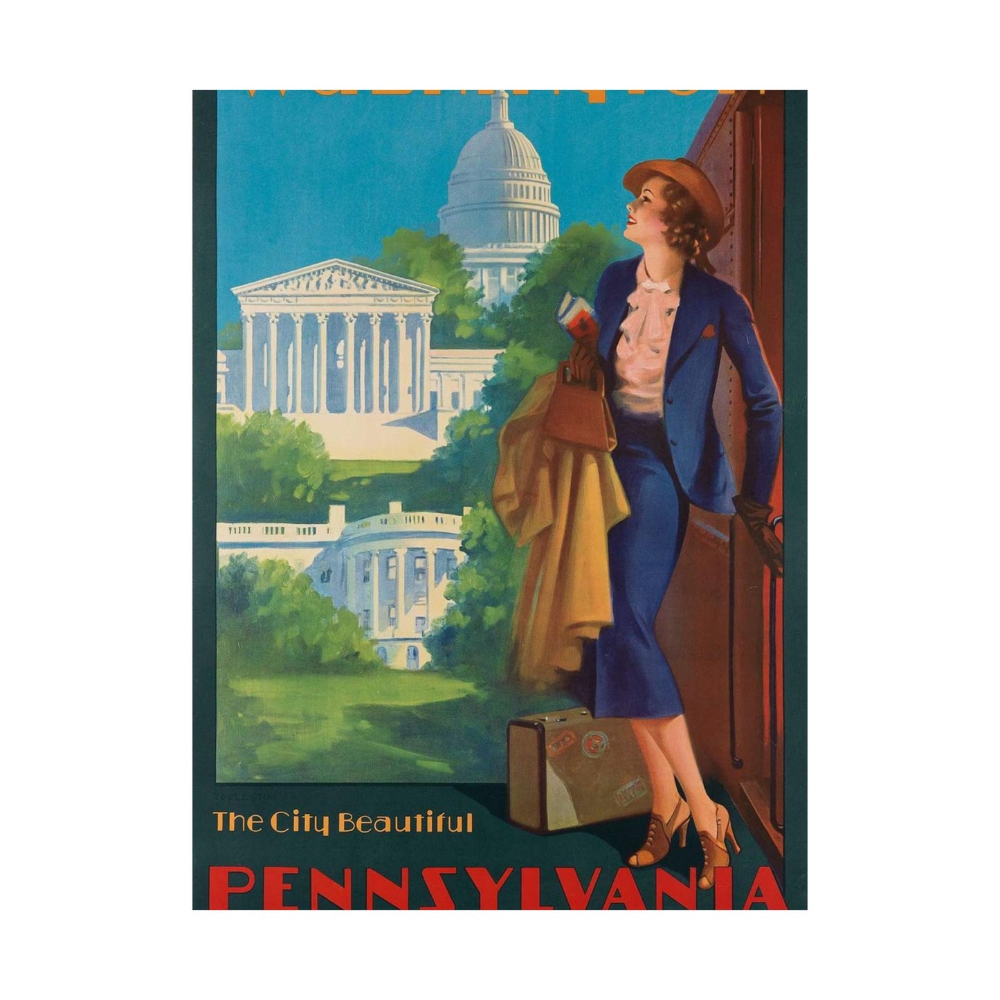 Washington—The City Beautiful, Pennsylvania Railroad poster, artwork by Edward Mason Eggleston High Quality Matte Wall Art Poster for Home, Office, Classroom