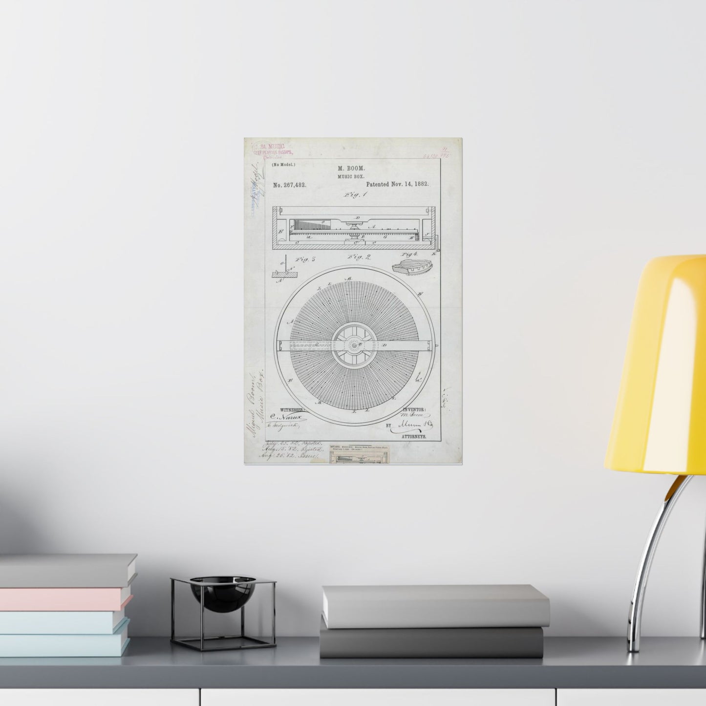 Patent Drawing of Engine - for M. Boom's Music Box Public domain image High Quality Matte Wall Art Poster for Home, Office, Classroom