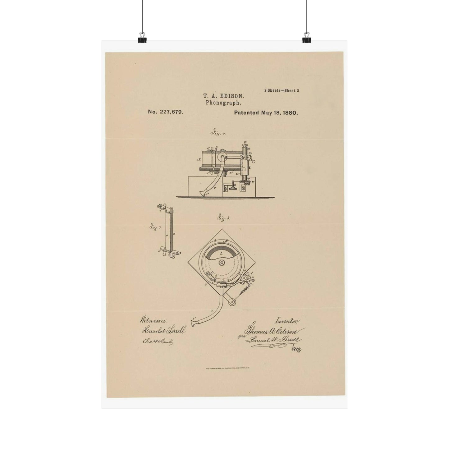 Patent Drawing of Engine - Drawing for a Phonograph Public domain image High Quality Matte Wall Art Poster for Home, Office, Classroom