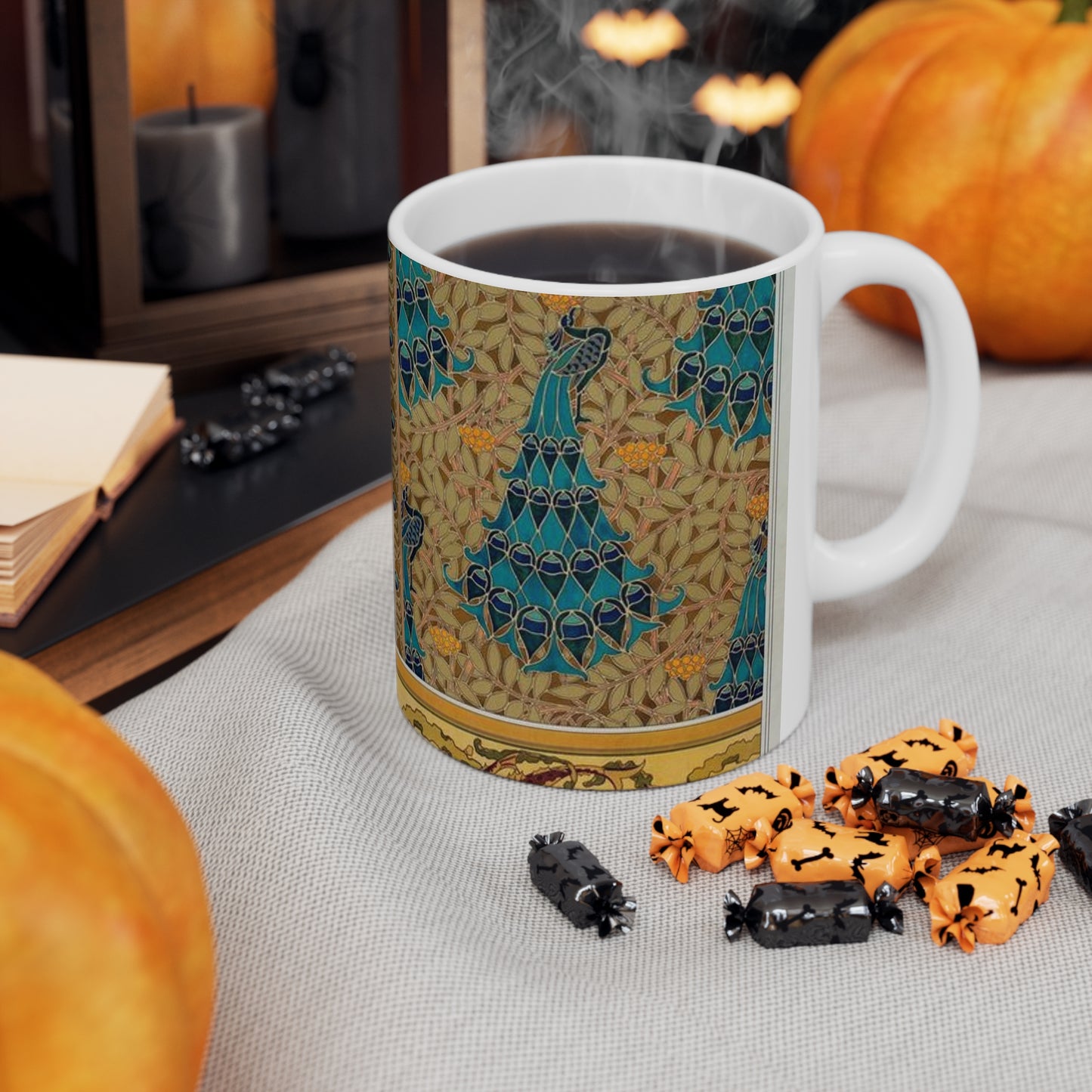 Paons dans les sorbiers, pochoir; poissons et algues, bordure Beautiful Novelty Ceramic Coffee Mug 11oz