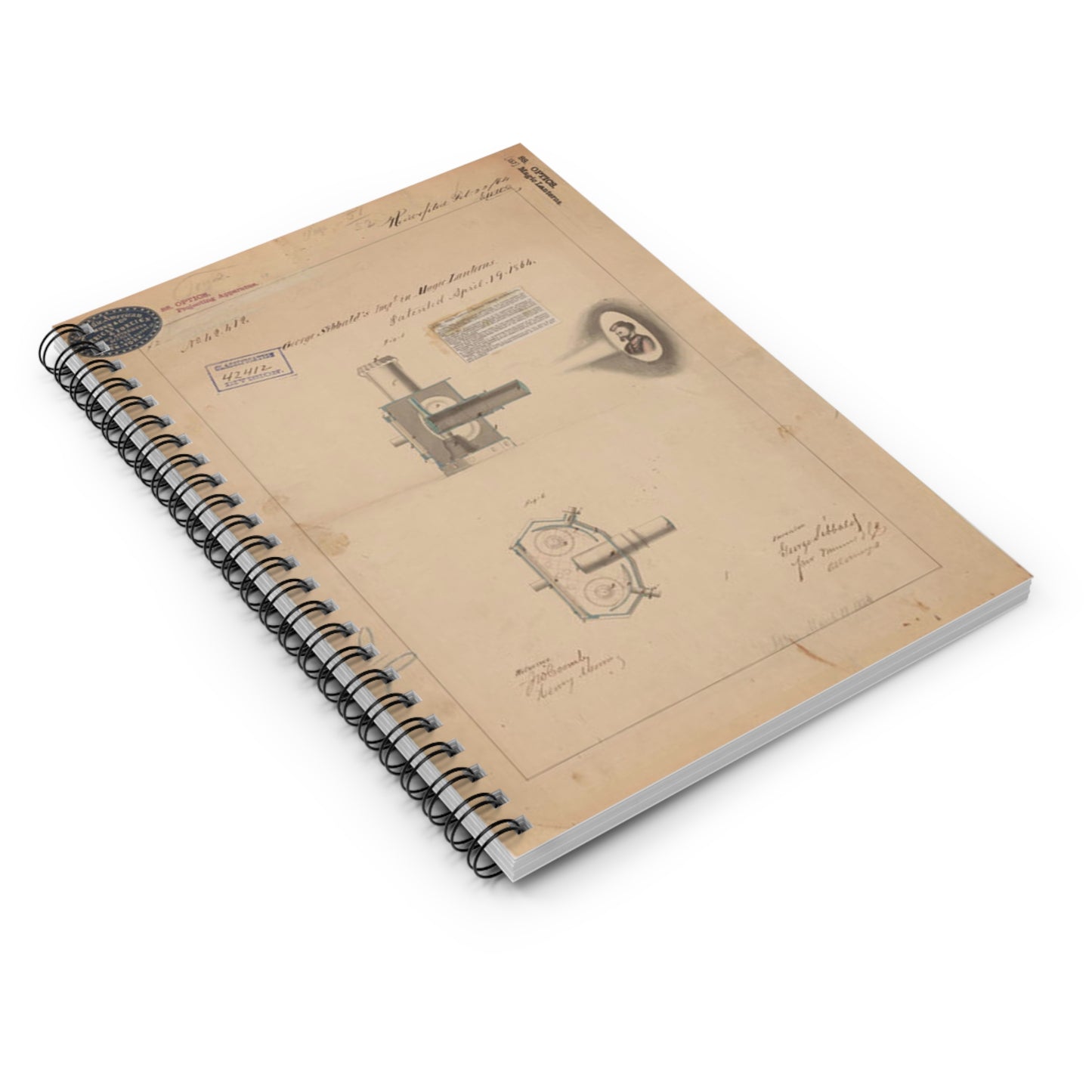 Patent drawing - Drawing of Improvement in Magic Lanterns Public domain image Spiral Bound Ruled Notebook with Printed Cover