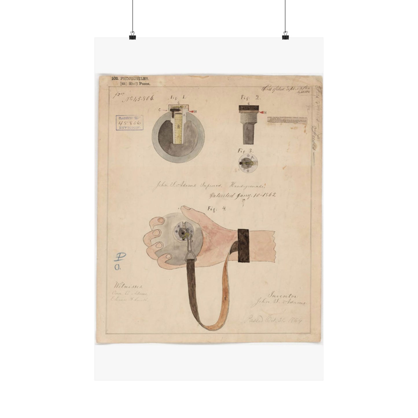 Patent drawing - Drawing of Improved Hand Grenade Public domain image High Quality Matte Wall Art Poster for Home, Office, Classroom