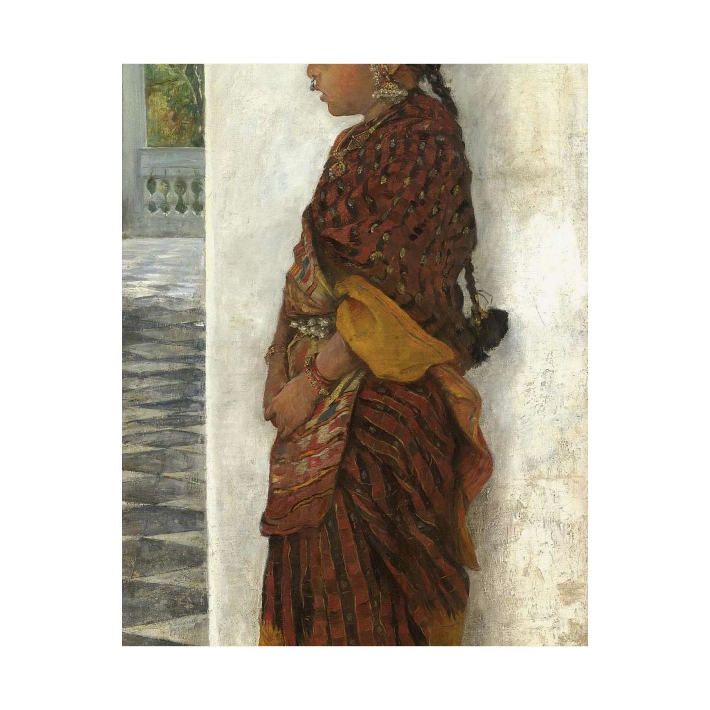 Hermann Linde - Girl standing in a veranda wearing a Pochampalli sari (ca.1895) High Quality Matte Wall Art Poster for Home, Office, Classroom
