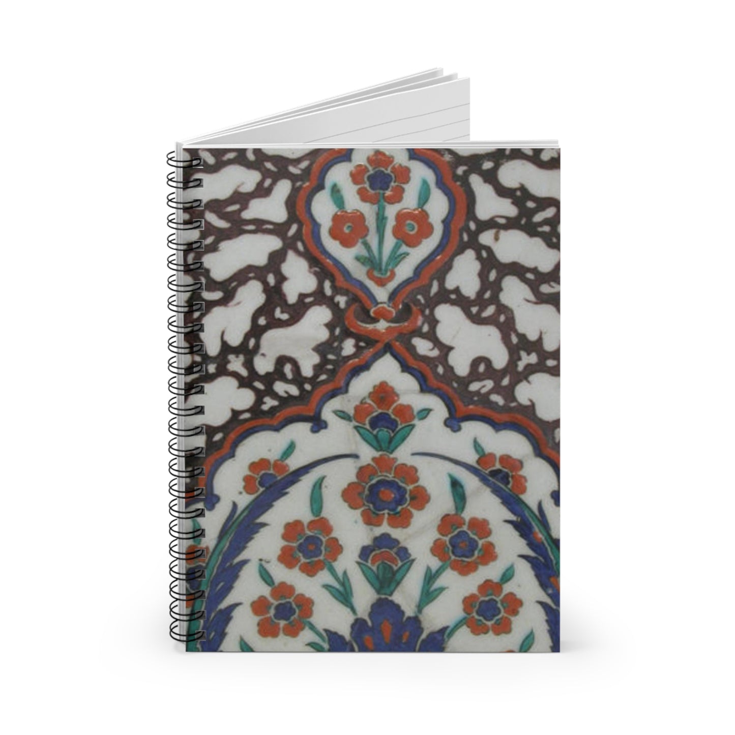 Tile with Floral Cartouche Design on Ebru (Marble Imitation Pattern) Background Spiral Bound Ruled Notebook with Printed Cover