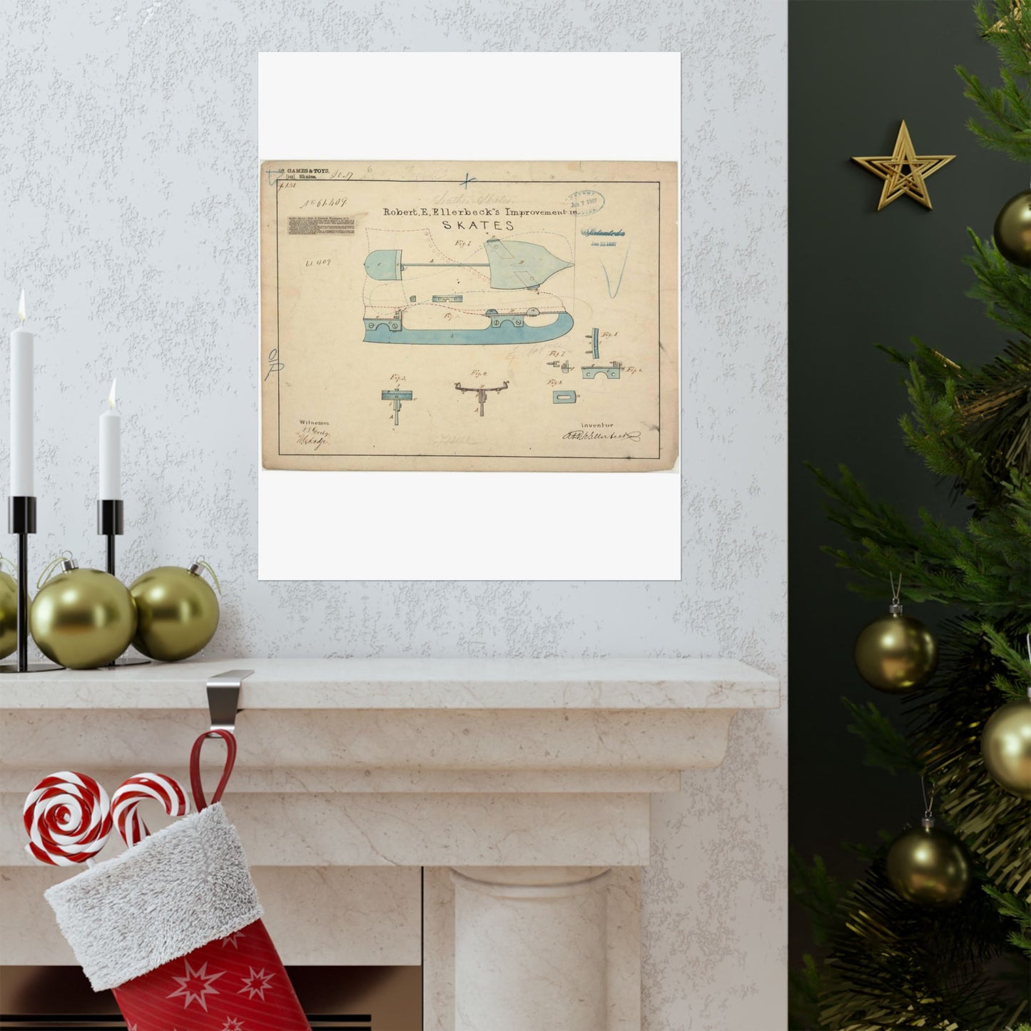 Patent drawing - Drawing of Improvement in Skates Public domain image High Quality Matte Wall Art Poster for Home, Office, Classroom