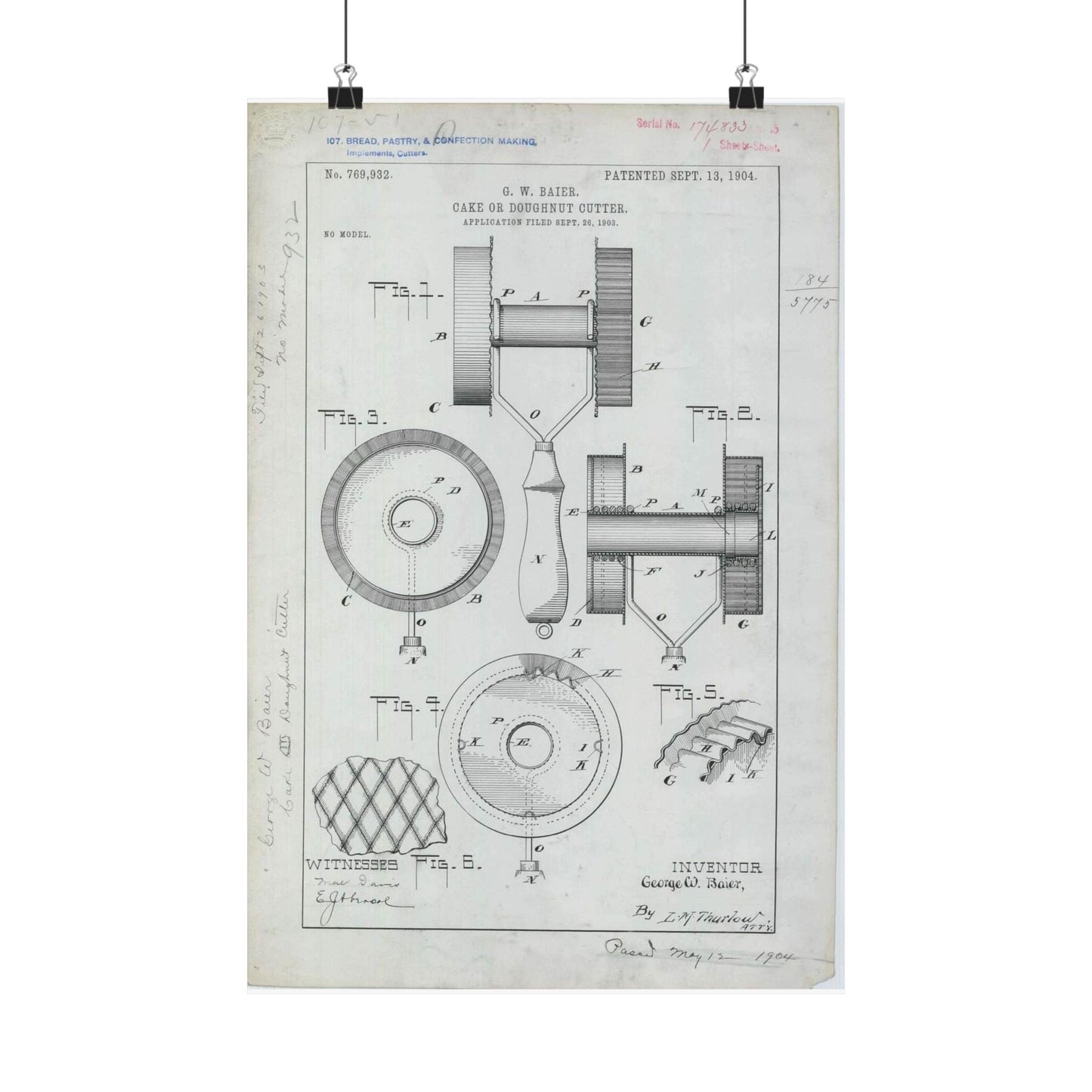 Patent Drawing of Engine - for G. W. Baier's Cake or Doughnut Cutter Public domain image High Quality Matte Wall Art Poster for Home, Office, Classroom