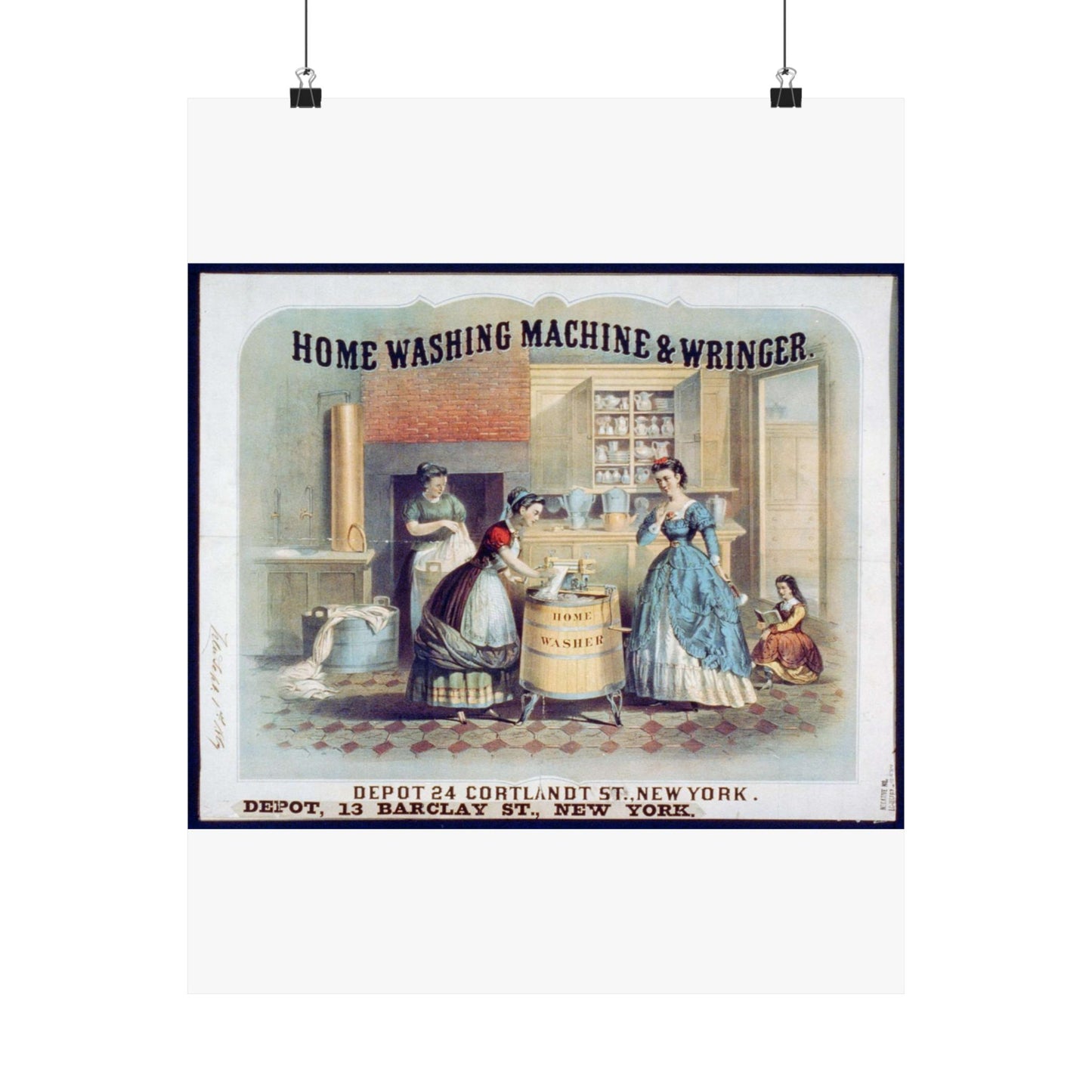 Home washing machine & wringer - A painting of women washing machines in a kitchen High Quality Matte Wall Art Poster for Home, Office, Classroom