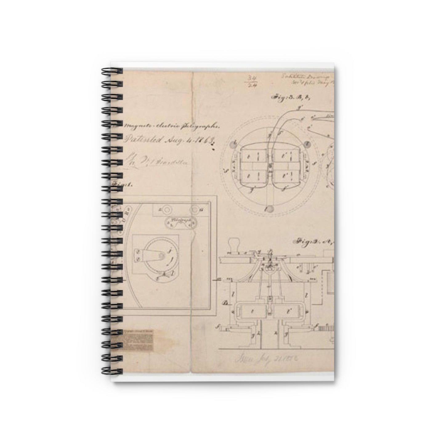 Patent drawing - Drawing of Improvements in Magneto-electric Telegraphs Public domain image Spiral Bound Ruled Notebook with Printed Cover
