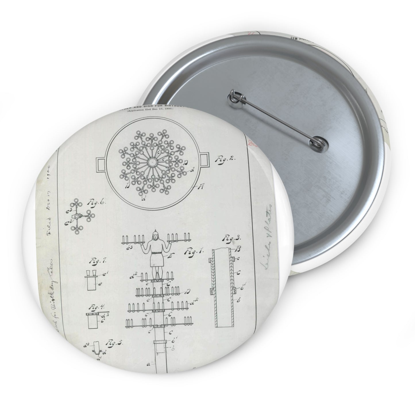 Patent drawing - for J. A. Earl's Candle Holder and Dish for Birthday Cakes Public domain image Pin Buttons with Crisp Design