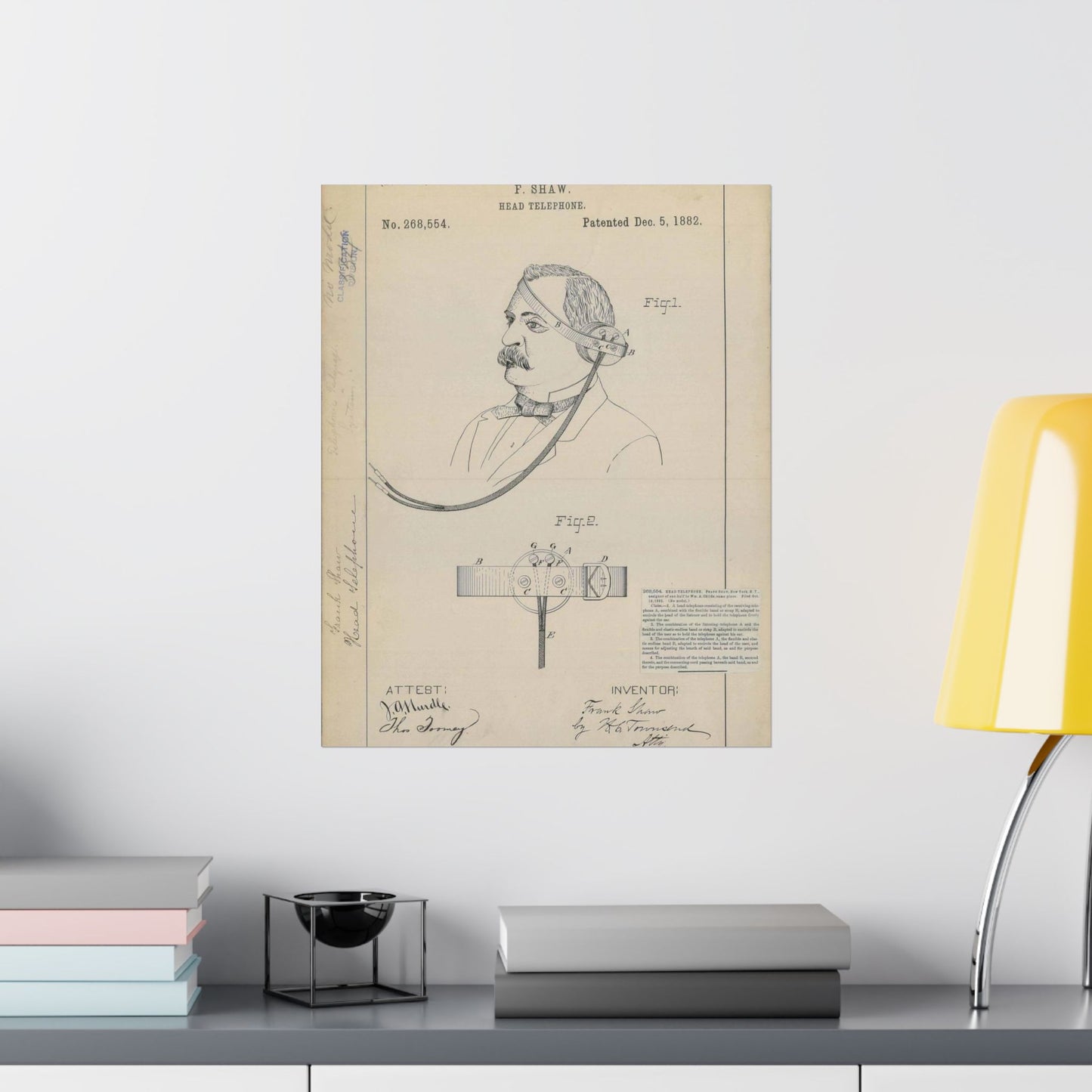 Patent drawing - for F. Shaw's Head Telephone Public domain image High Quality Matte Wall Art Poster for Home, Office, Classroom