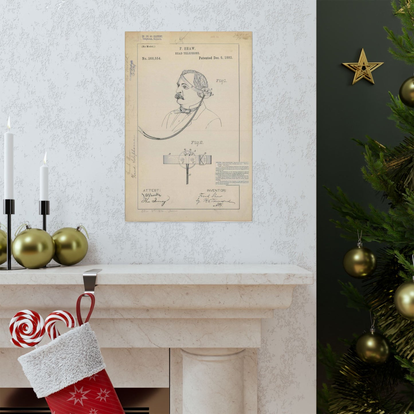Patent drawing - for F. Shaw's Head Telephone Public domain image High Quality Matte Wall Art Poster for Home, Office, Classroom