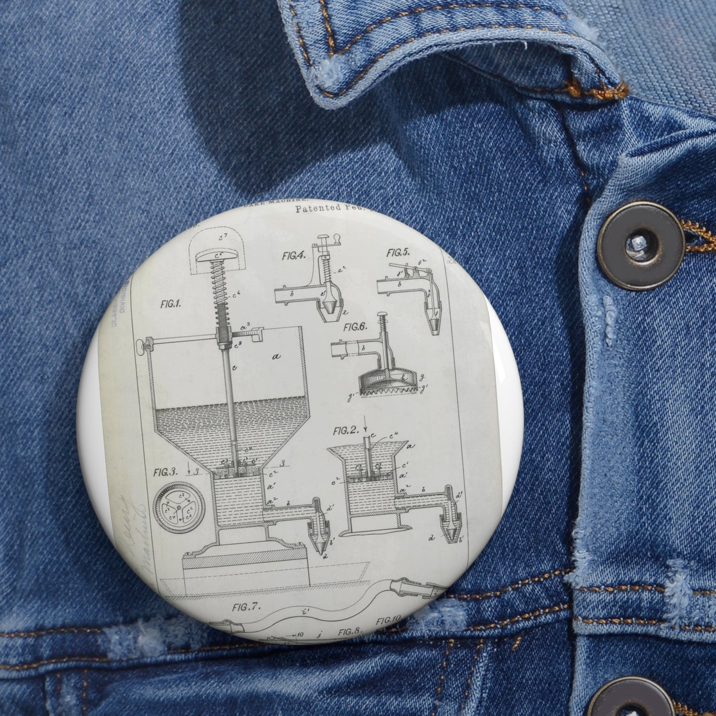 Patent Drawing of Engine - for H. Hueg's Cake Machine Public domain image Pin Buttons with Crisp Design