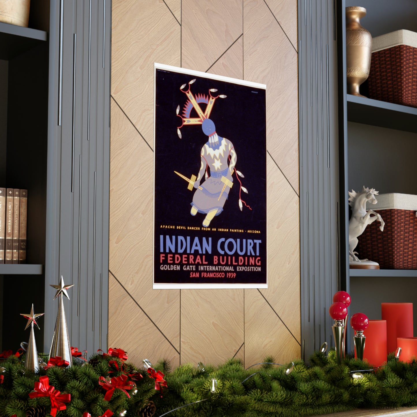 Indian court, Federal Building, Golden Gate International Exposition, San Francisco, 1939 Apache devil dancer from an Indian painting, Arizona / / Siegriest. High Quality Matte Wall Art Poster for Home, Office, Classroom
