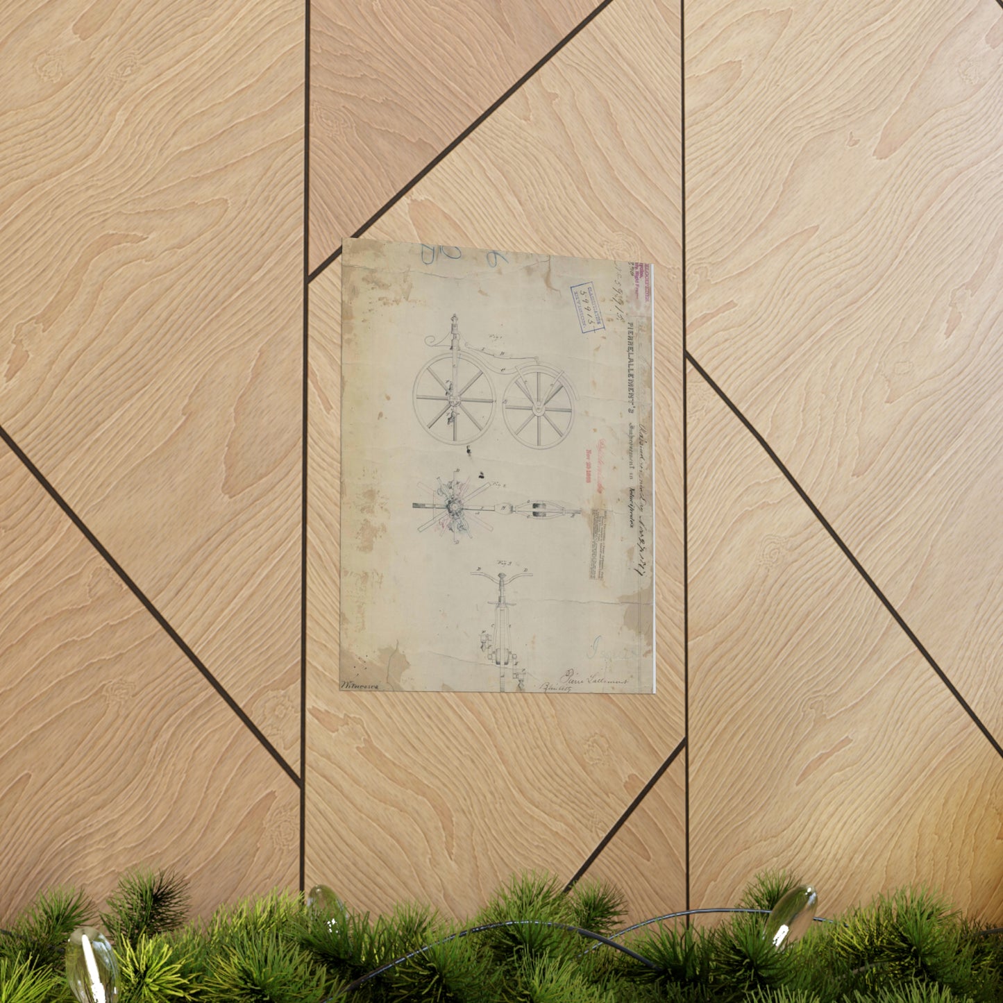 Patent drawing - for Pierre Lallement's Improvement in Velocipedes Public domain image High Quality Matte Wall Art Poster for Home, Office, Classroom