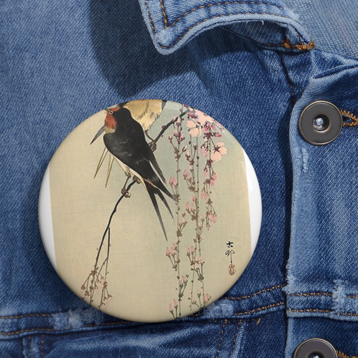 Koson - two-barn-swallows-on-blossoming-cherry, Ohara Koson Pin Buttons with Crisp Design