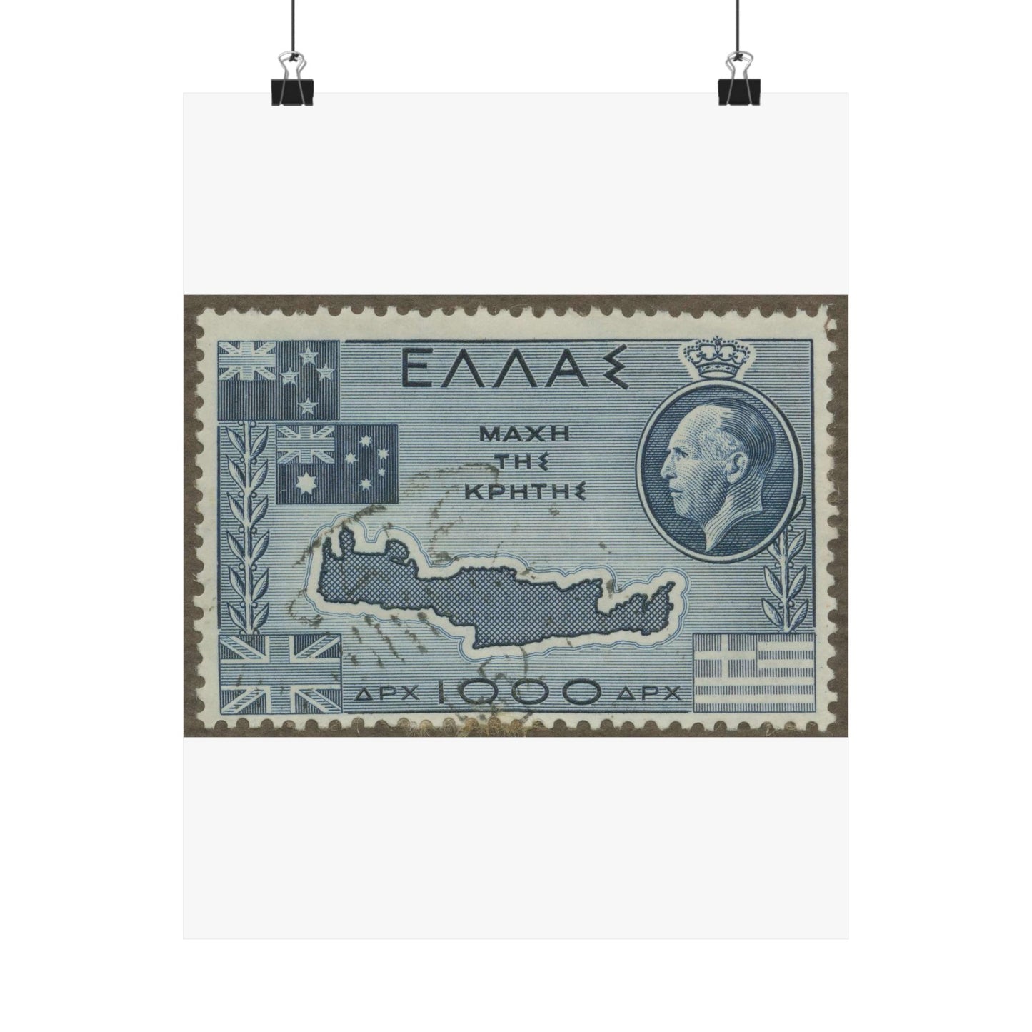 Frimärke ur Gösta Bodmans filatelistiska motivsamling, påbörjad 1950.Frimärke från Grekland, 1950. Motiv av karta över Kreta. "9-årsminne av slaget vid Kreta 1941". High Quality Matte Wall Art Poster for Home, Office, Classroom